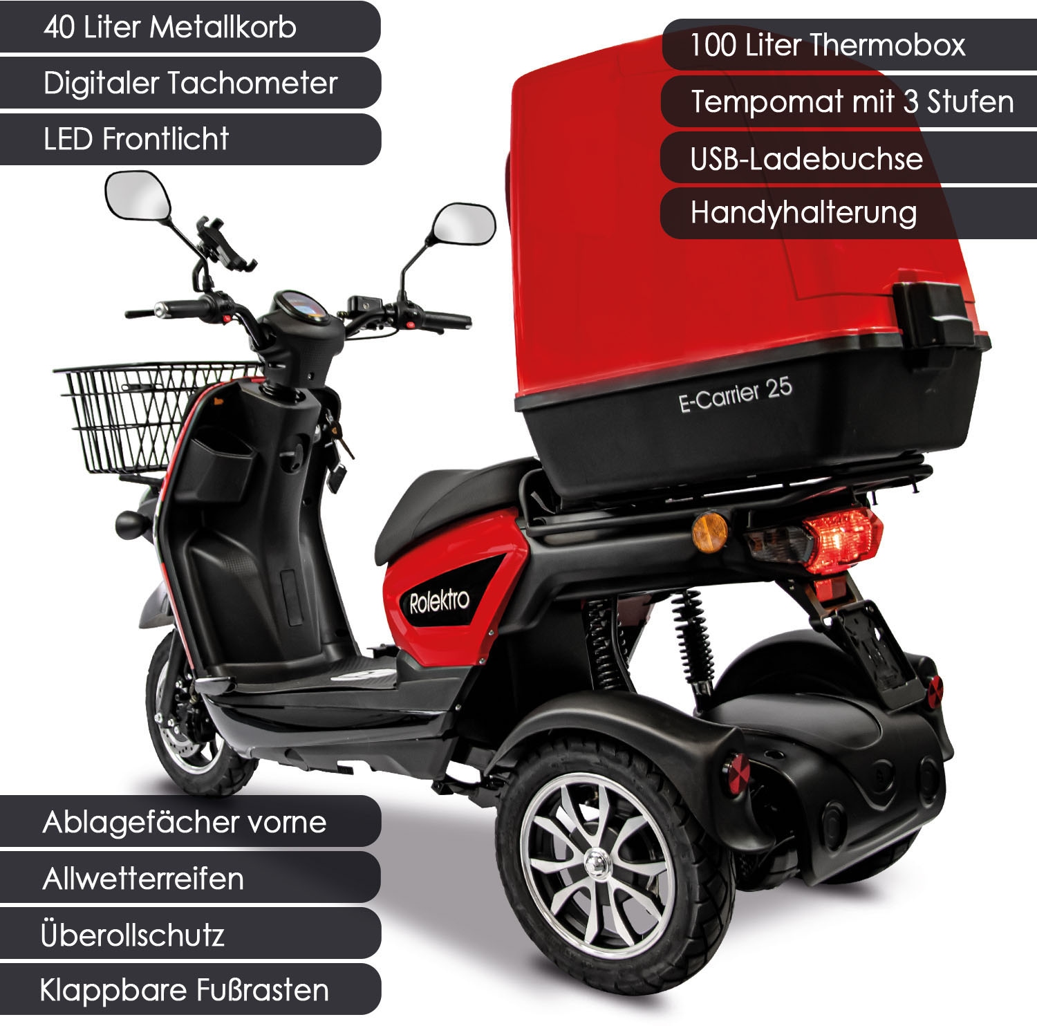 Rolektro Elektromobil »Rolektro E-Carrier 25 V.3 Lithium mit XXL-Koffer«, (mit Topcase)