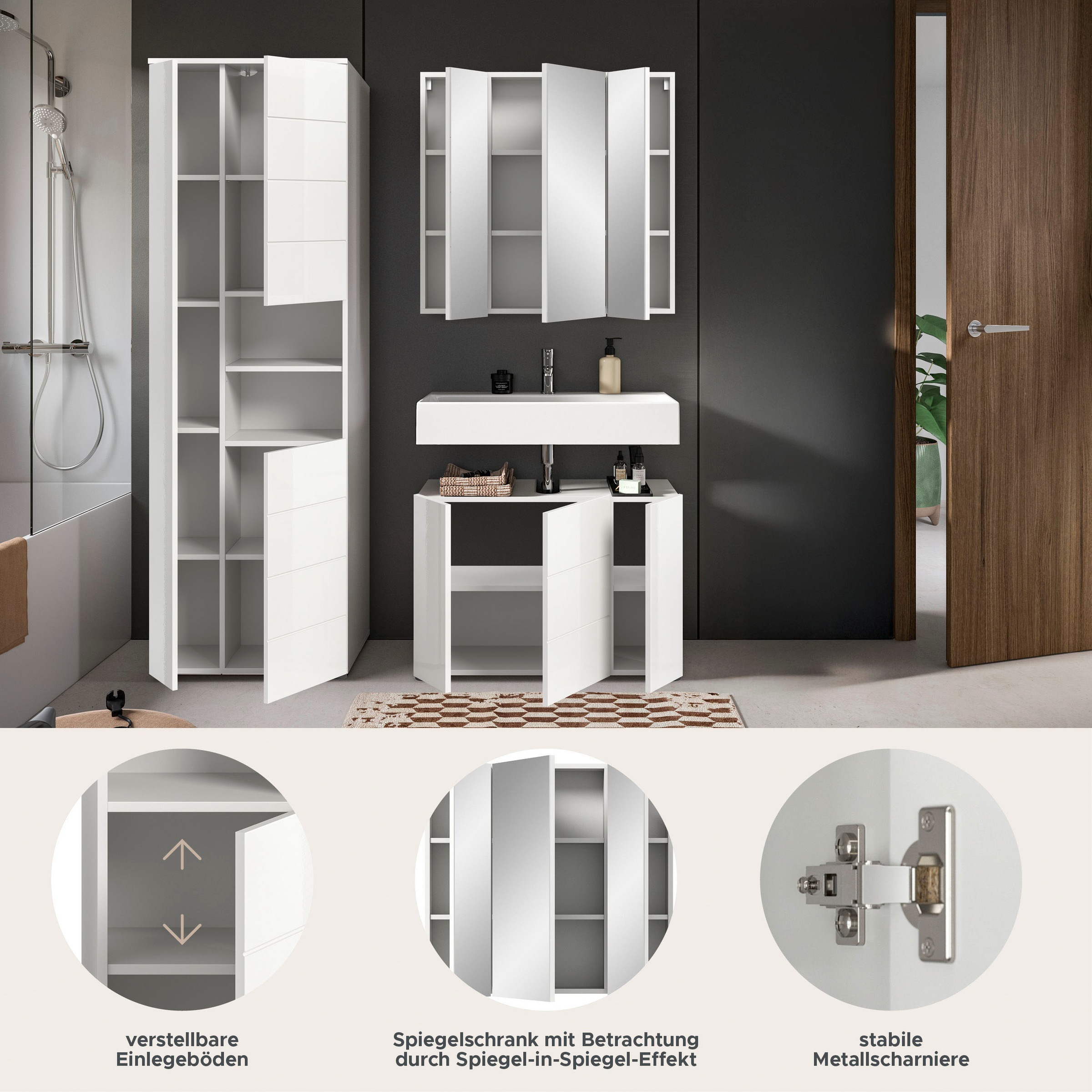 welltime Badmöbel-Set »Biel, Höhe 190 cm, Hochschrank, Unterschrank, Spiegelschrank«, (3 St.), Bad Set, modernes Design, Hochschrank, Unterschrank, Spiegel