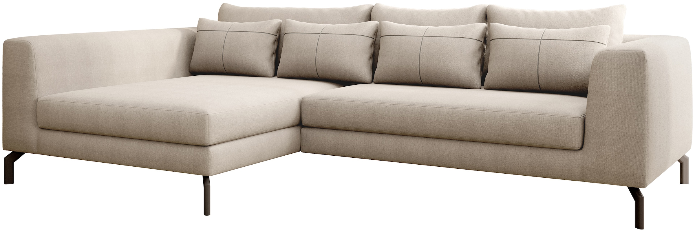 INOSIGN Ecksofa »Cross, mit softem Sitz, L-Form, wendbare Zierkissen, Breite 284 cm«, Couch mit vielen Kissen, stylische Kreuznaht, elegante Metallfüße