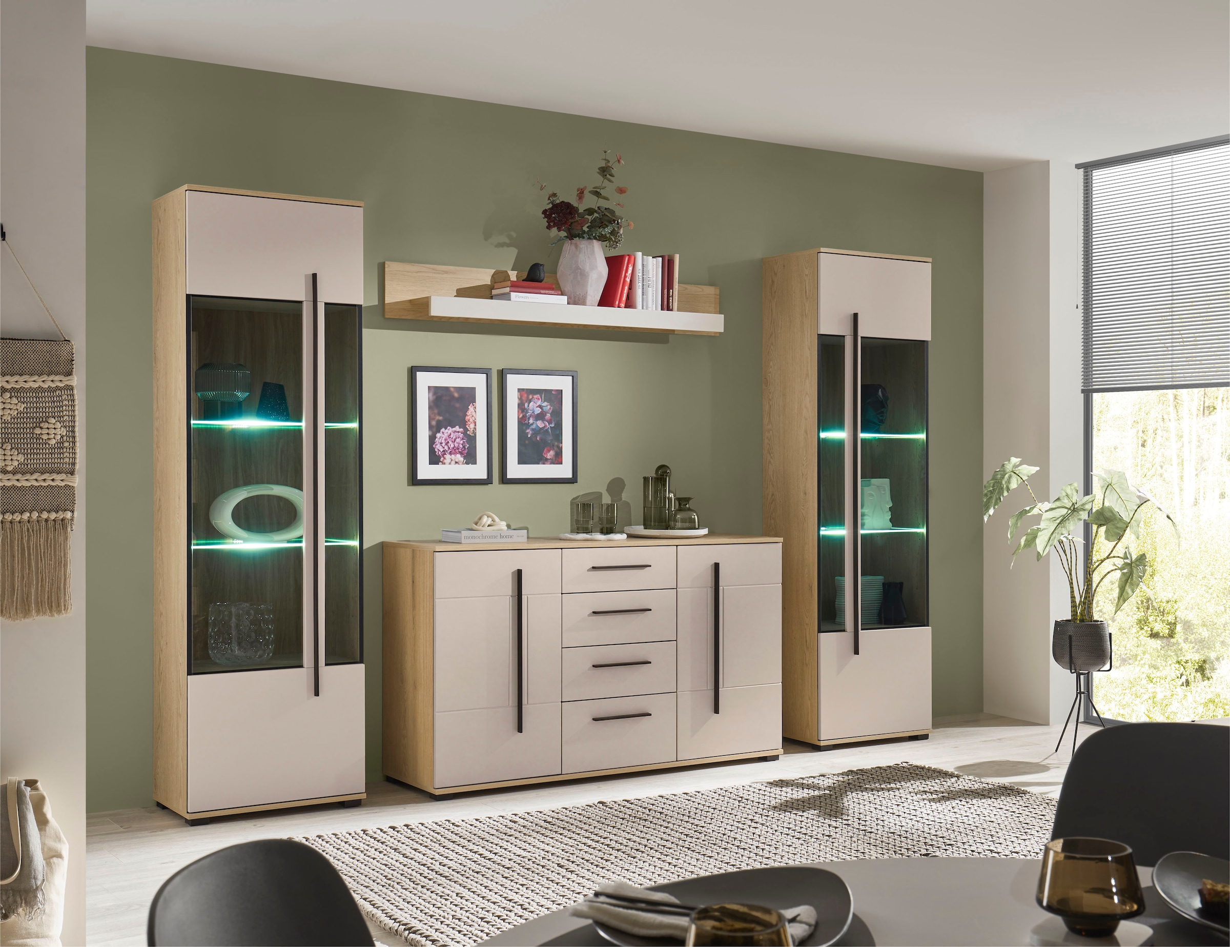 Home affaire Wohnwand »Cantara, Anbauwand, Wohnzimmer-Set, in Eiche Evoke, Weiß oder Kaschmir« Set, 
