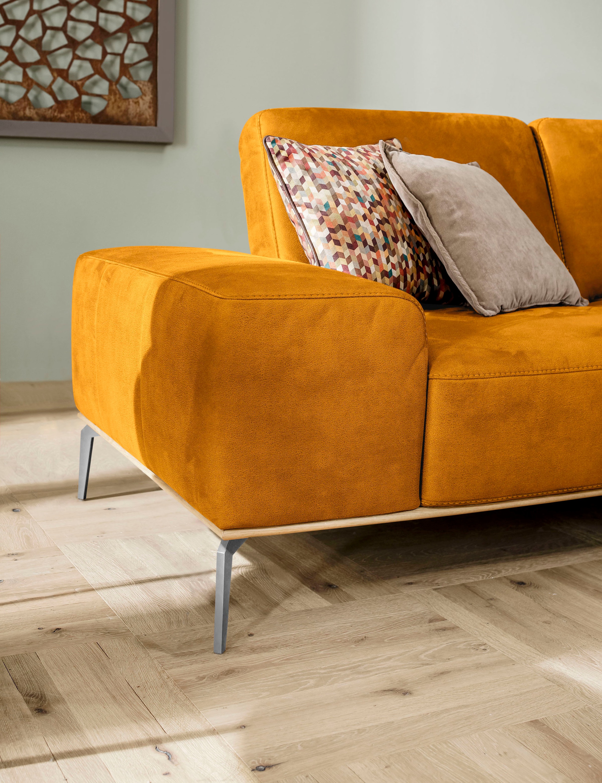 W.SCHILLIG Ecksofa »run, Designsofa mit tollem Sitzkomfort, L-Form«, mit elegantem Holzsockel, Füße in Chrom glänzend, Breite 279 cm