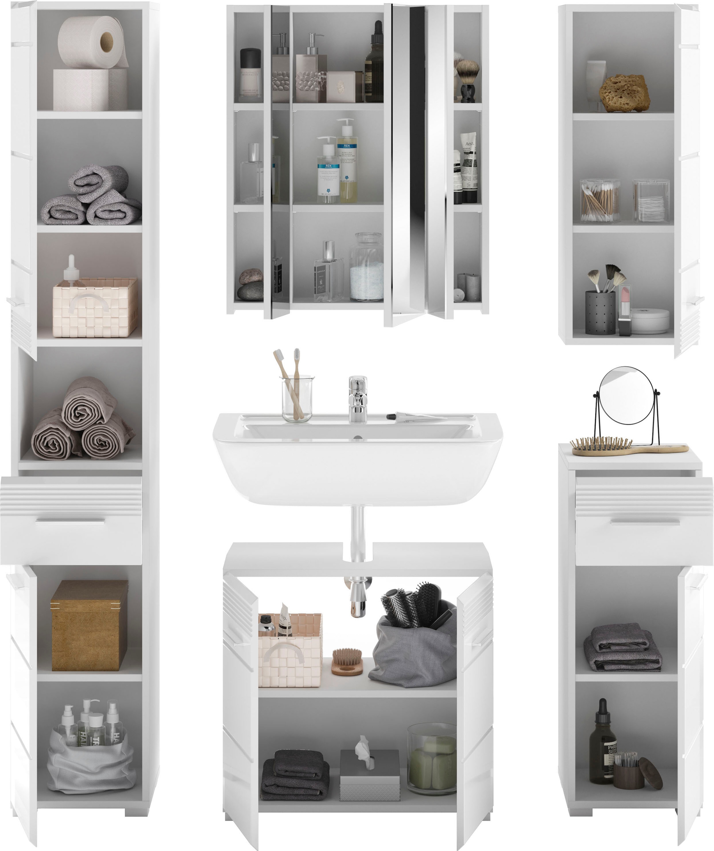 INOSIGN Badmöbel-Set »Malmö, 5 teilig, inklusive LED Beleuchtung, bestehend aus:«, (Set, 5 St.), Hochschrank, WBU, Spiegelschrank, Unterschrank, Hängeschrank