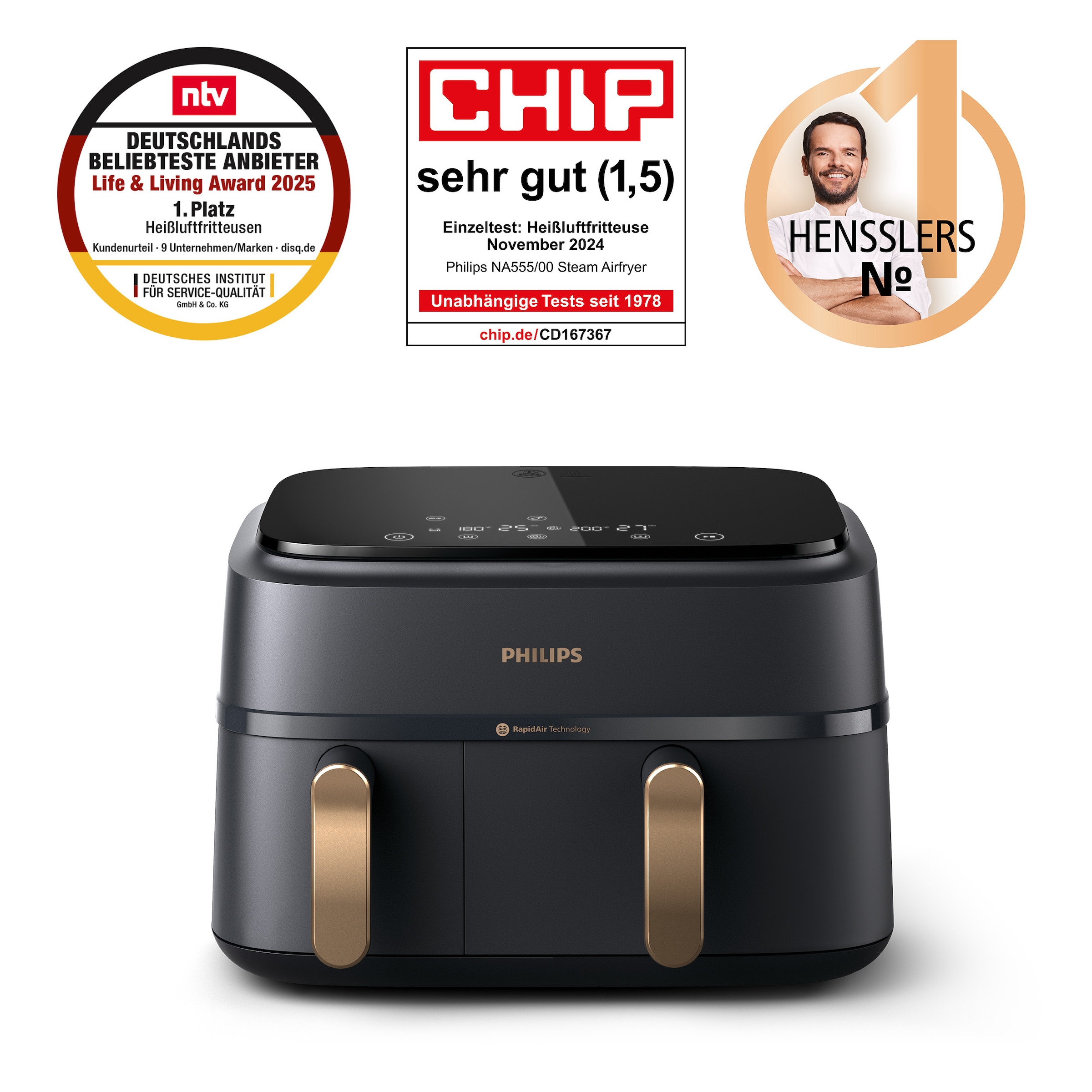 Philips Heißluftfritteuse »Airfryer 3000 Dual Basket NA352/00, zwei Körbe mit 9L (3L+6L)«, 2750 W, RapidAir Technologie und 12 Kochfunktionen; Schwarz