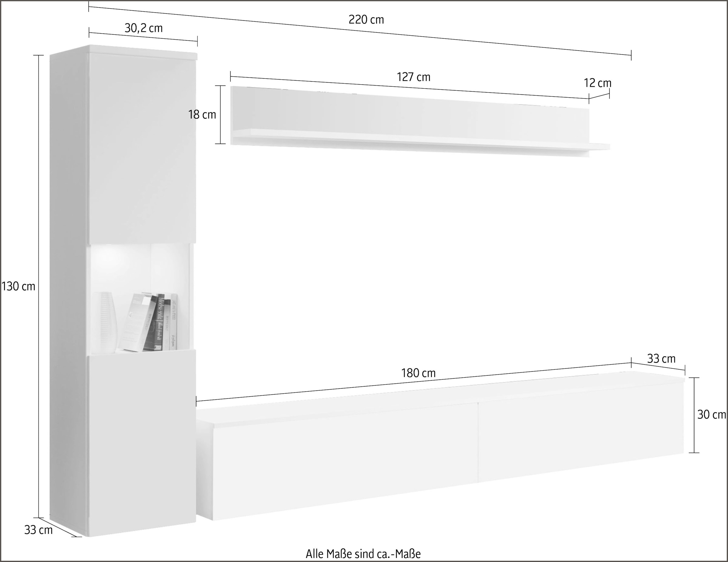 INOSIGN Wohnwand »PARIS«, (Komplett-Set, 3 St.), TV-Wand 220cm breite, grifflose Design, stehend und hängend montierbar