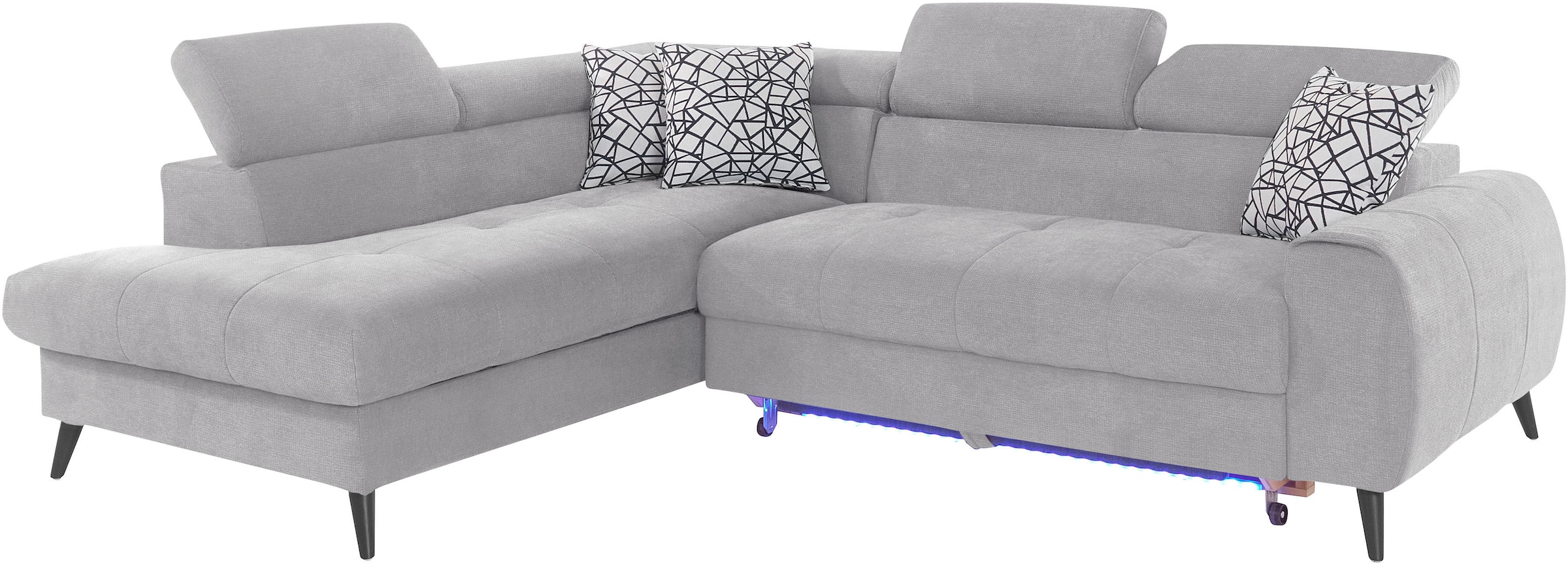 COTTA Ecksofa »Mia L-Form mit 3 Zierkissen«, wahlweise mit Bettfunktion, Bettkasten, Beleuchtung & Wireless-Charger