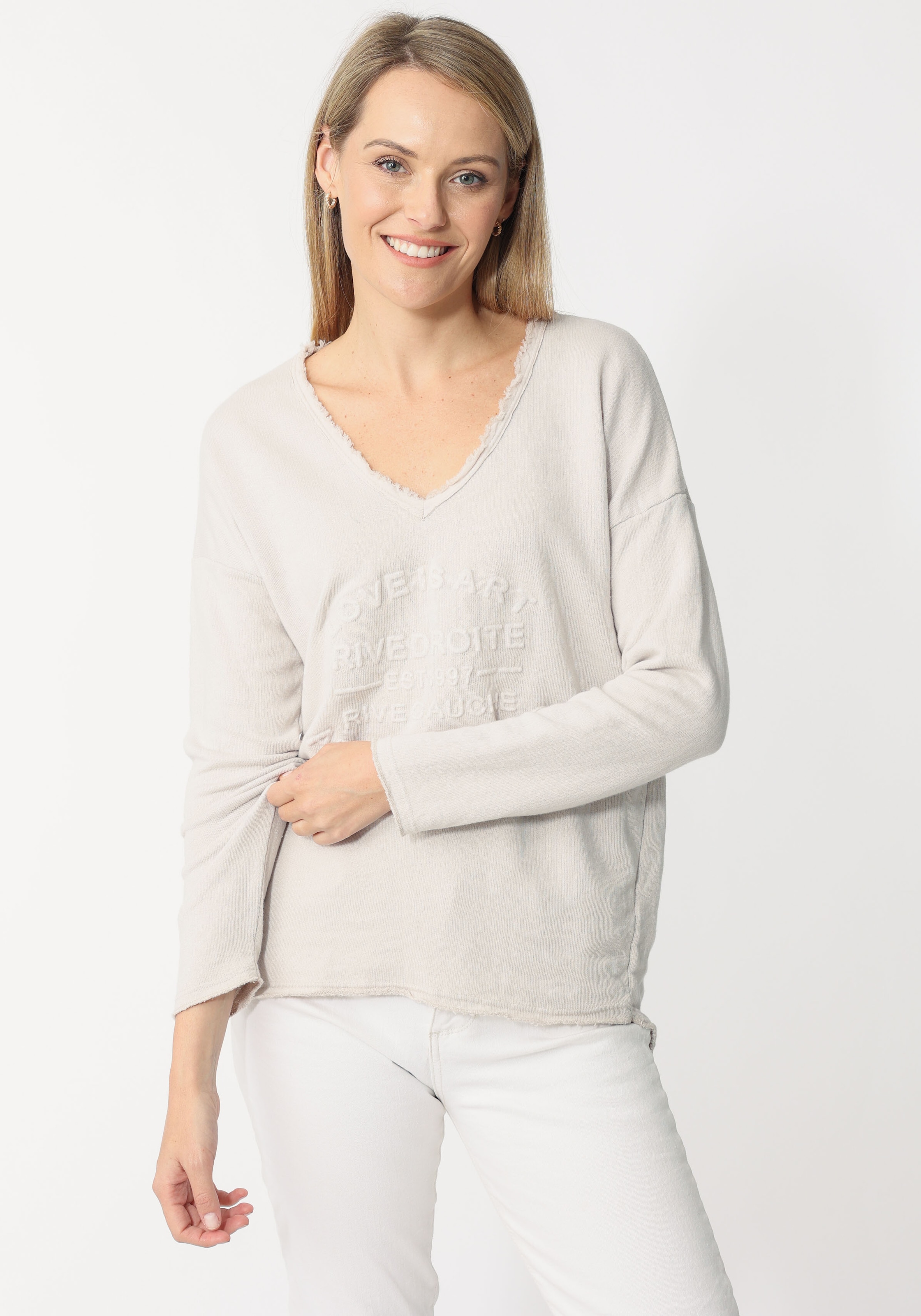 Zwillingsherz Sweatshirt, mit ausgefranstem V-Ausschnitt im Vintage Look