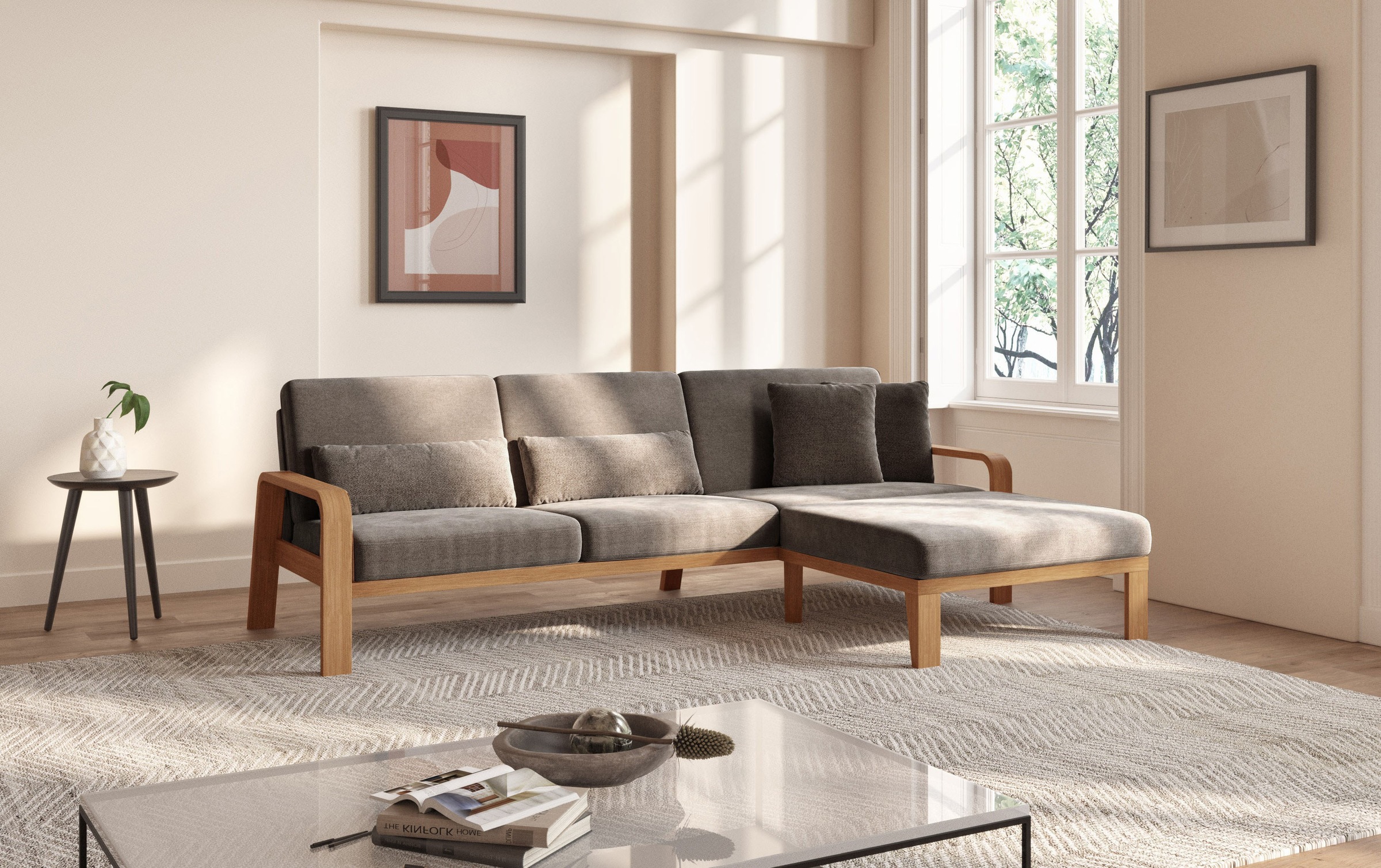 sit&more Ecksofa »Kolding L-Form«, Armlehnen aus eichefarbigem Buchenholz, verschiedene Bezüge und Farben