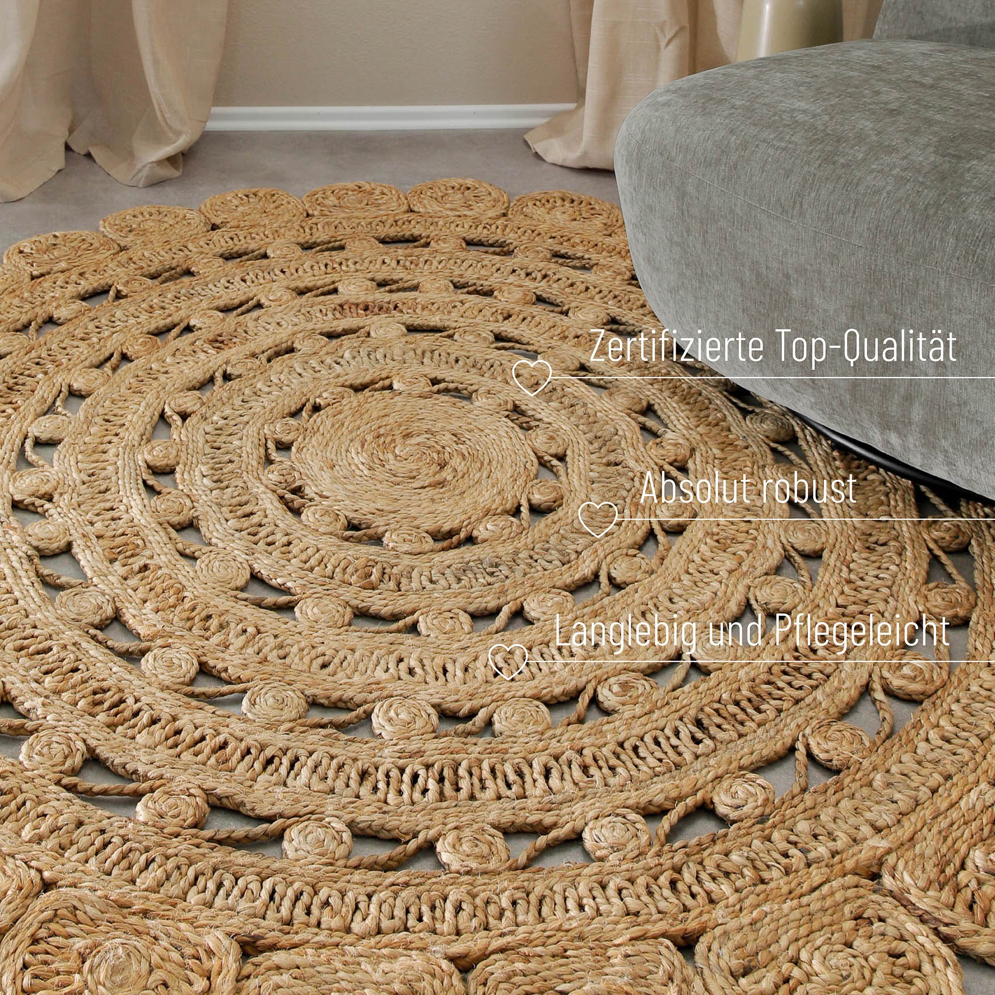Green Looop Teppich »Bloom«, rund, 12 mm Höhe, Jute, handgewebt, robust, strapazierfähig, Natur, Wohnzimmer