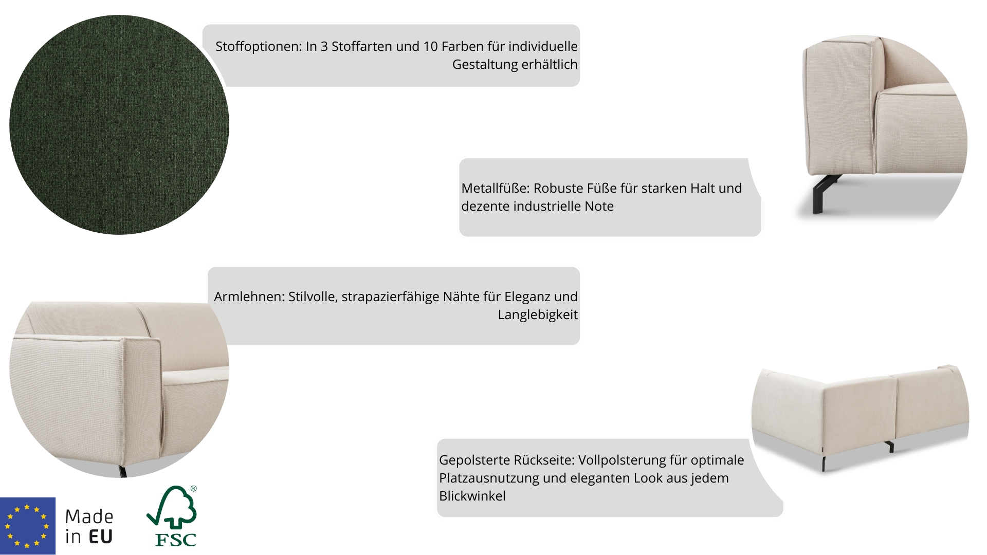 Places of Style Ecksofa »Lorcan, Breite 275 cm, weiches Sitzgefühl«, mit schwarzen Metallfüßen, Lederoptik und in weichem Strukturstoff