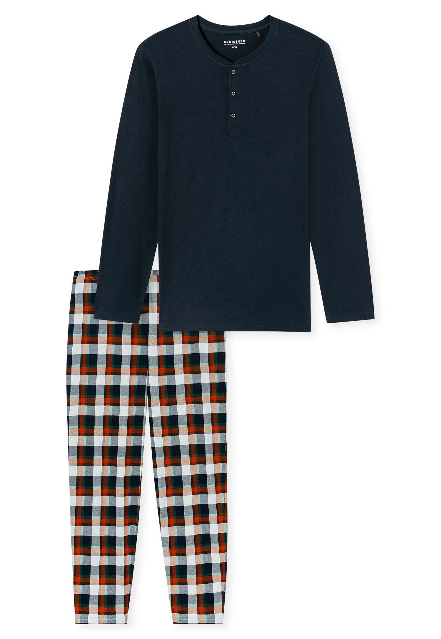 Schiesser Schlafanzug »Family« Rundhalsausschnitt mit Knopfleiste, Brusttasche, Langarm, Hose kariert
