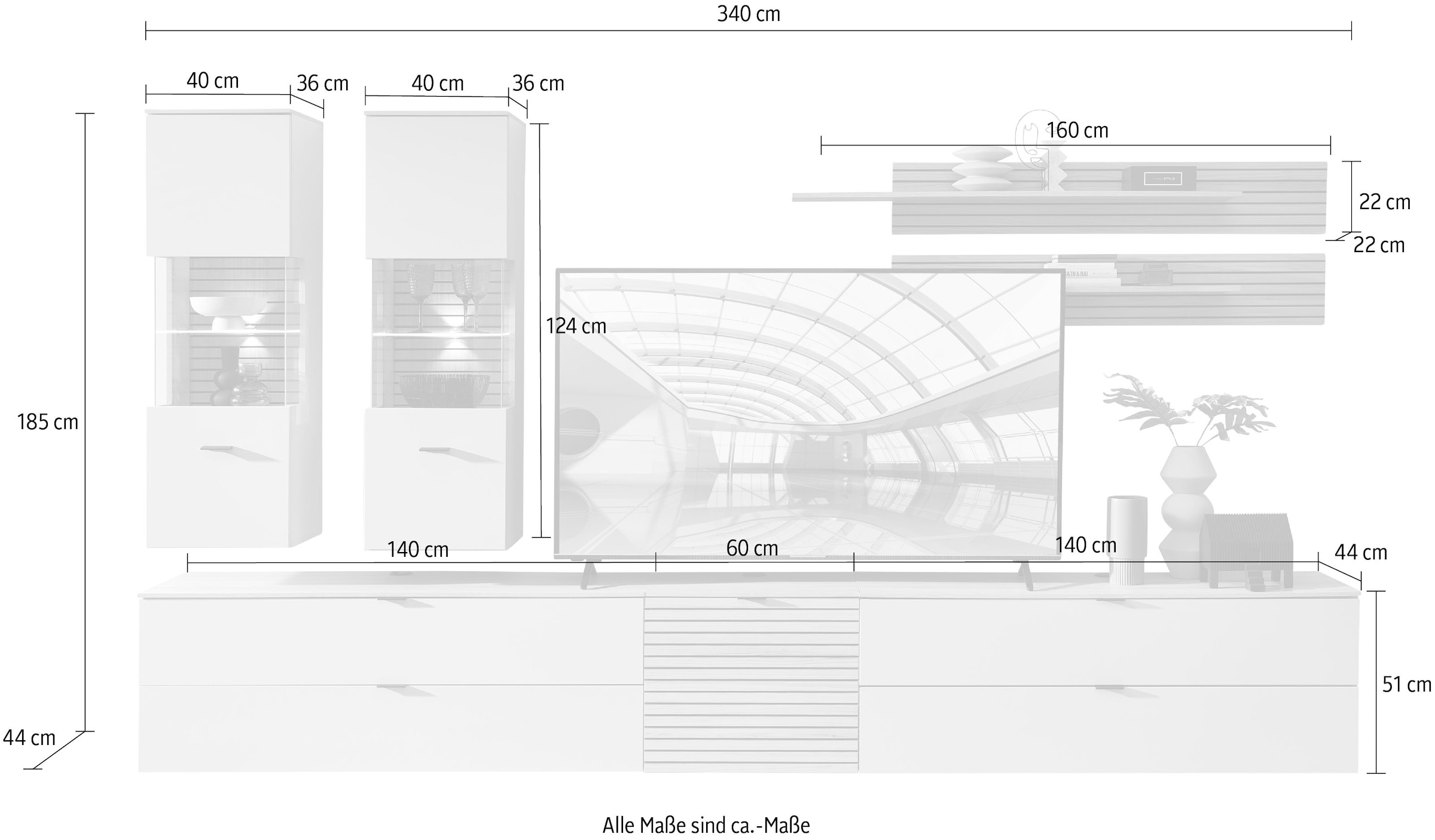 Innostyle Wohnwand »Ina Wohnwand,  340x185x44 cm (B/H/T)« 7 Stk. tlg.