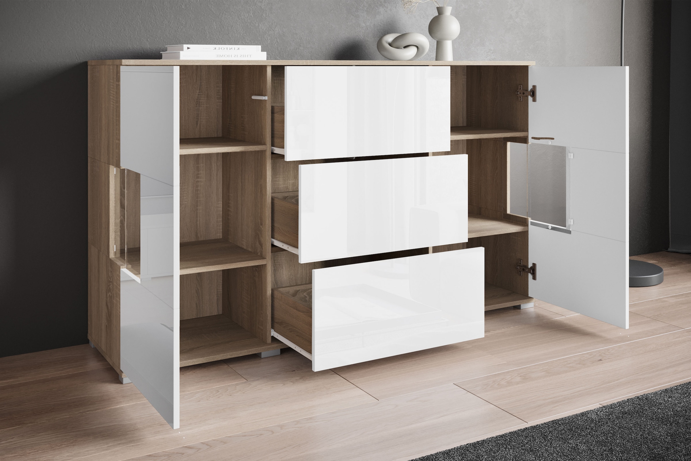INOSIGN Sideboard »Kenia«, (1 St.), Sideboard mit 3 Schubladen, 6 Fächern, Glastüren, Breite 150 cm