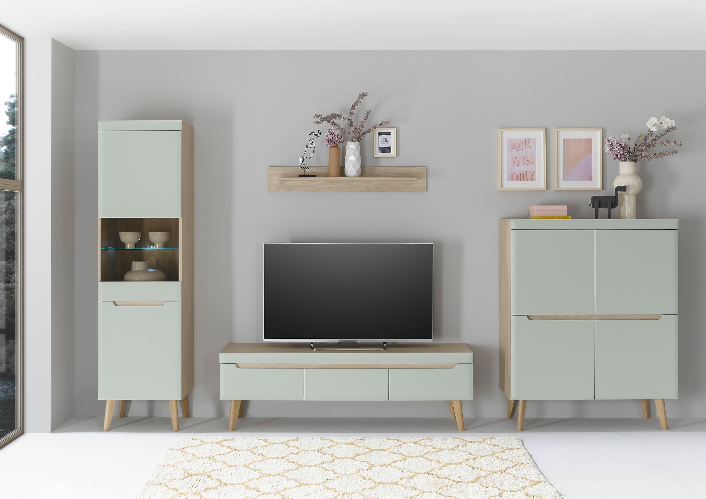 INOSIGN Wohnwand »Torge, Anbauwand, Schrankwand, Mediawand, Wohnzimmer-Set«, (Set, 4 St.), enthält 1 Vitrine, 1 Lowboard, 1 Highboard + 1 Wandboard, 360 cm breit