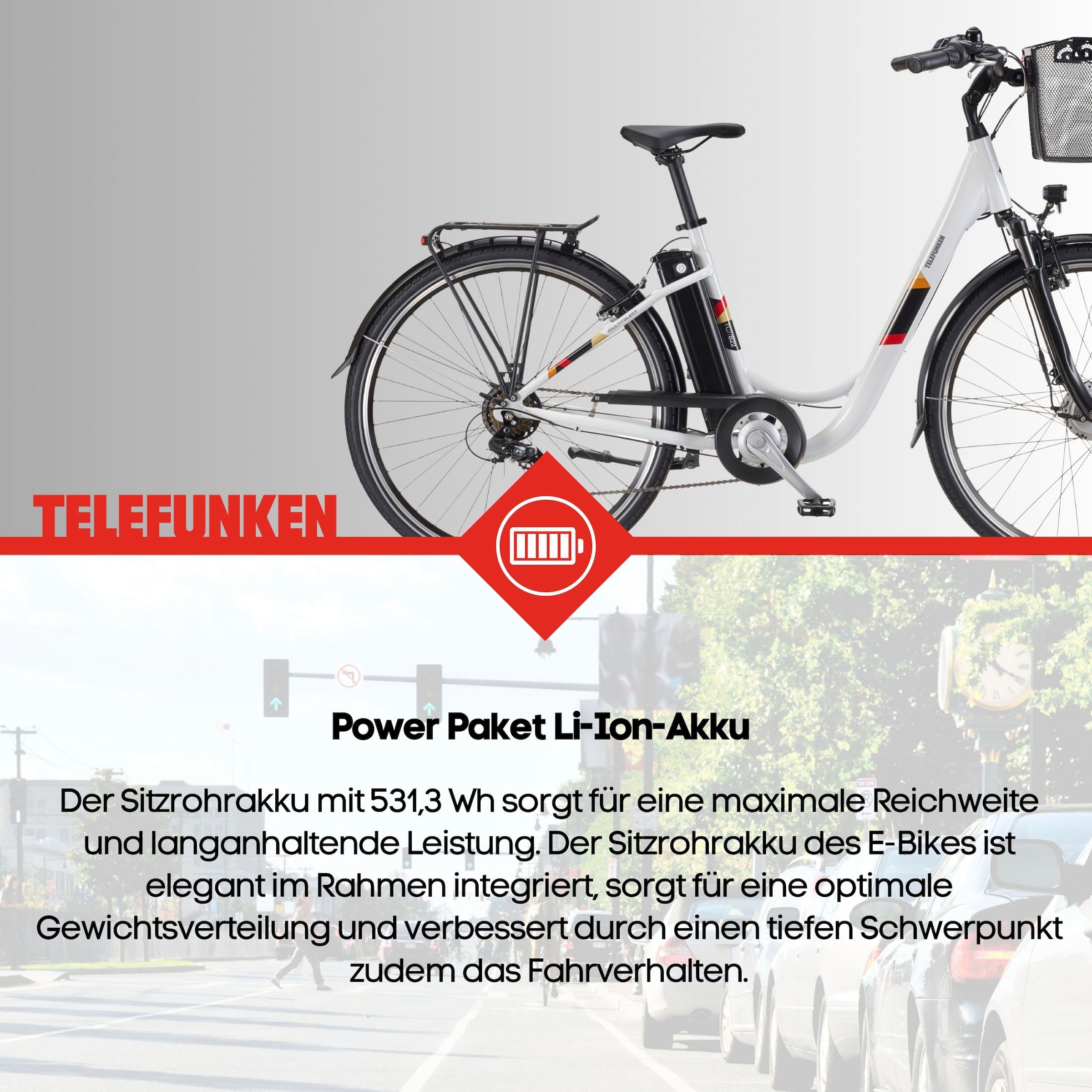 Telefunken E-Bike »Multitalent RC822«, 7 Gang, Shimano, Tourney, Frontmotor 250 W, (ca. 100 km Reichweite-2 V-Bremsen-Beleuchtung-Straßenzulassung), Elektrofahrrad, Damen Herren, 28 Zoll, 36,9 V, 531,3 Wh Akku, Pedelec
