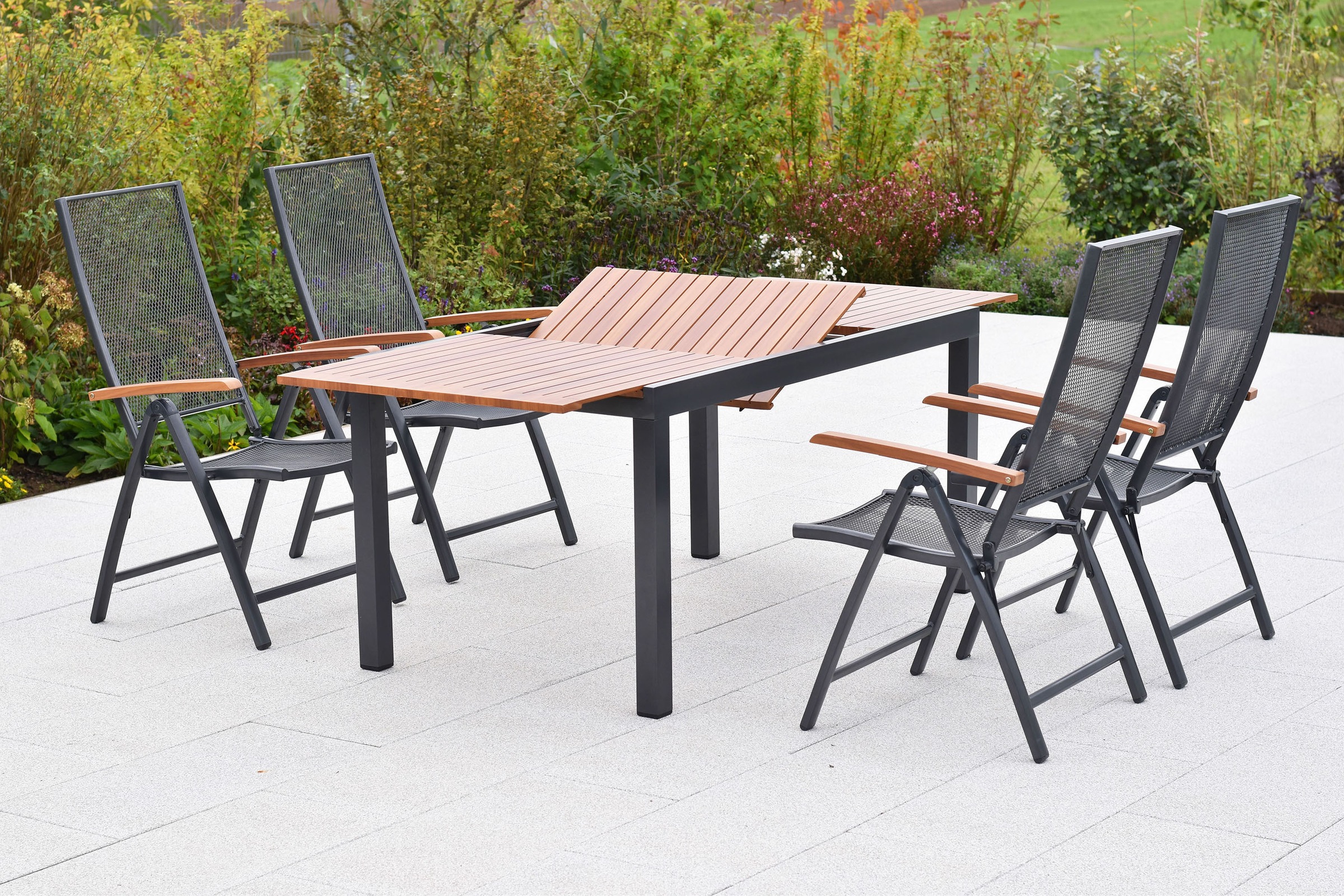 MERXX Garten-Essgruppe »»Thasos««, (Set, 5 tlg.), folierte Armlehnen und Tischplatte in Holzoptik