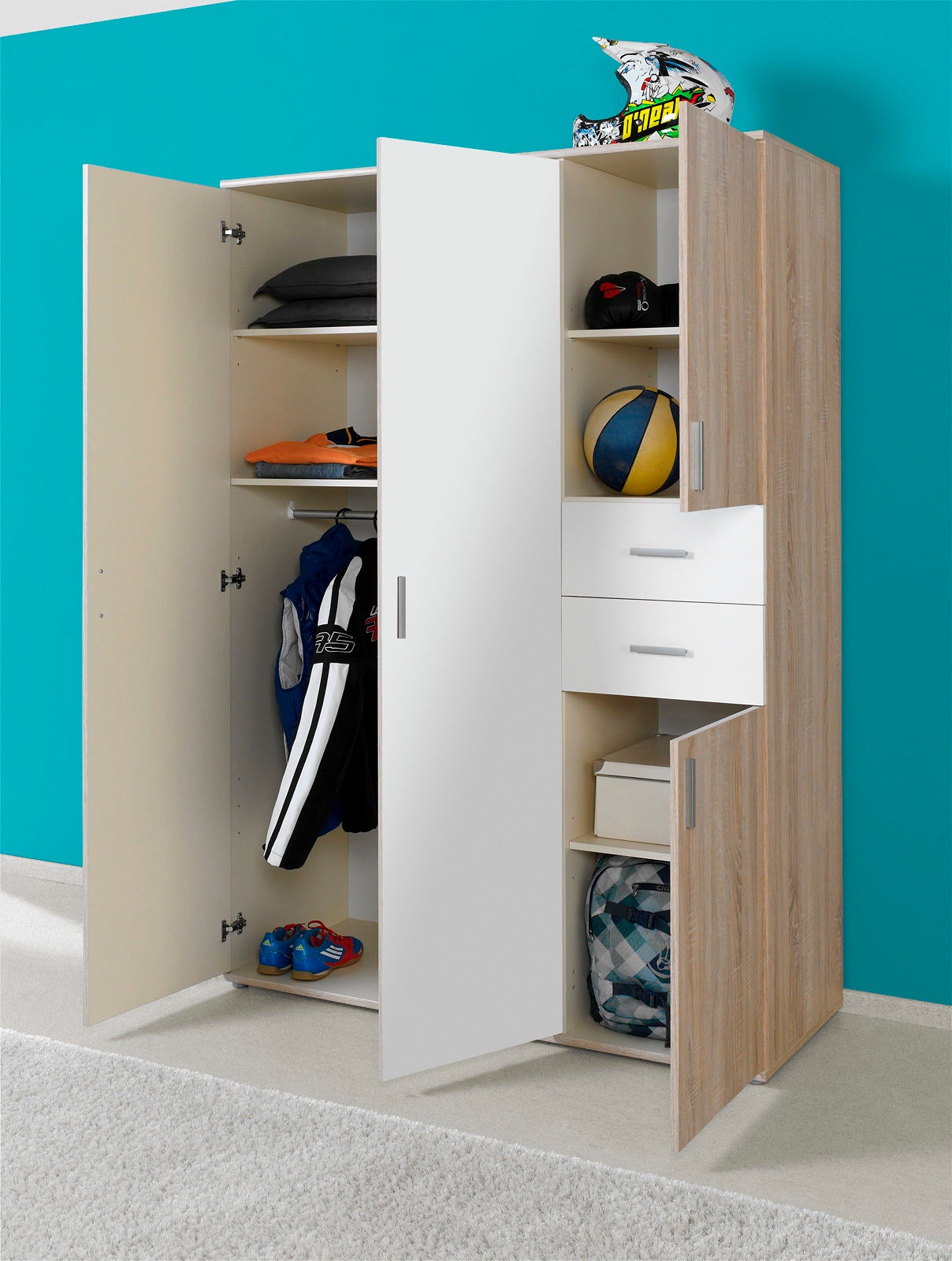BMG Möbel Babyzimmer-Komplettset »Maxim«, (Set, 4 St., Bett + Wickelkommode + 4-trg. Schrank + Standregal), Bett + Wickelkommode + 4-trg. Schrank + Standregal