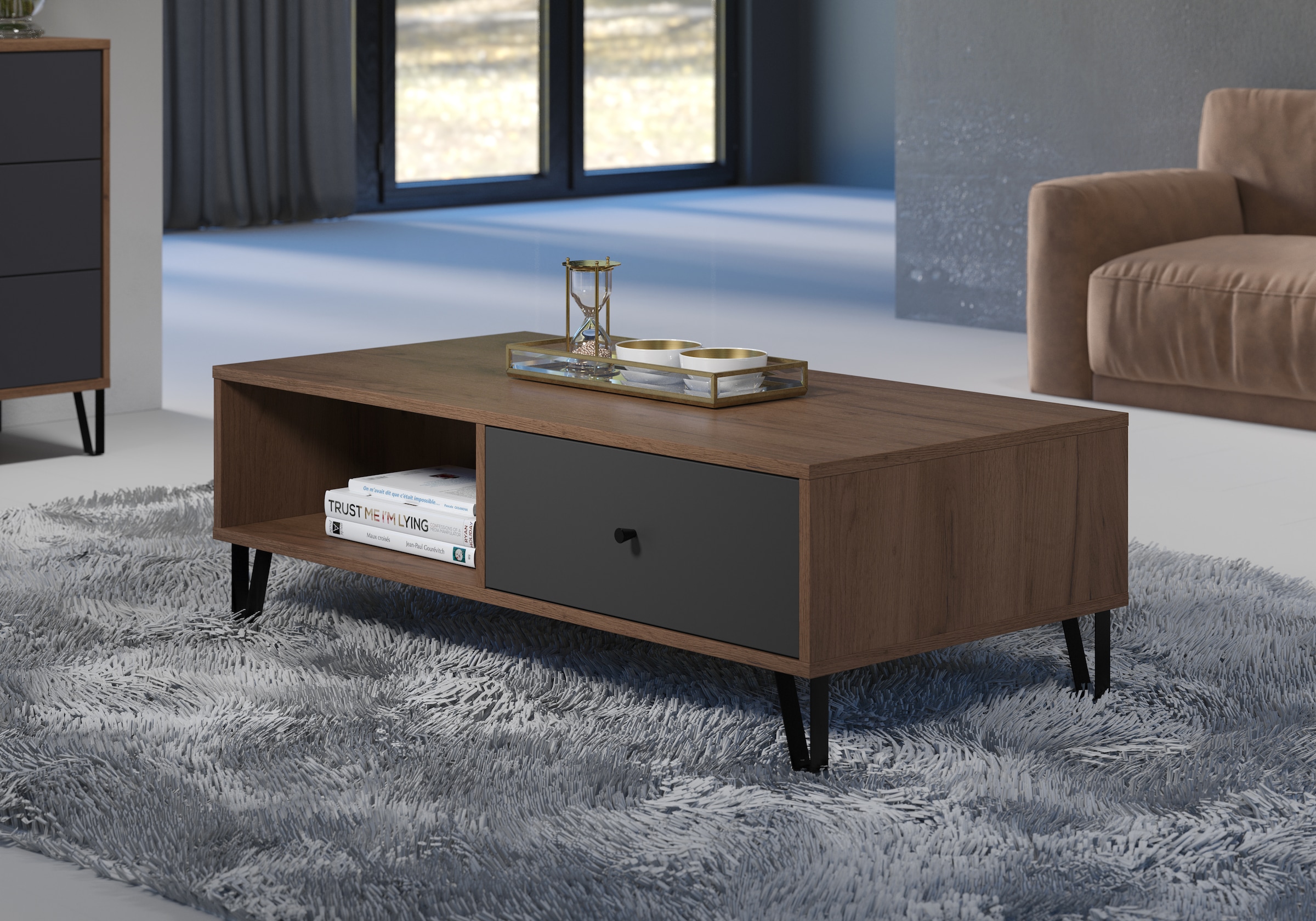 Places of Style Couchtisch »Molveno«, (1 St.), Sofatisch mit 2 Fächern, Schubladen und extravaganten Metall-Füßen