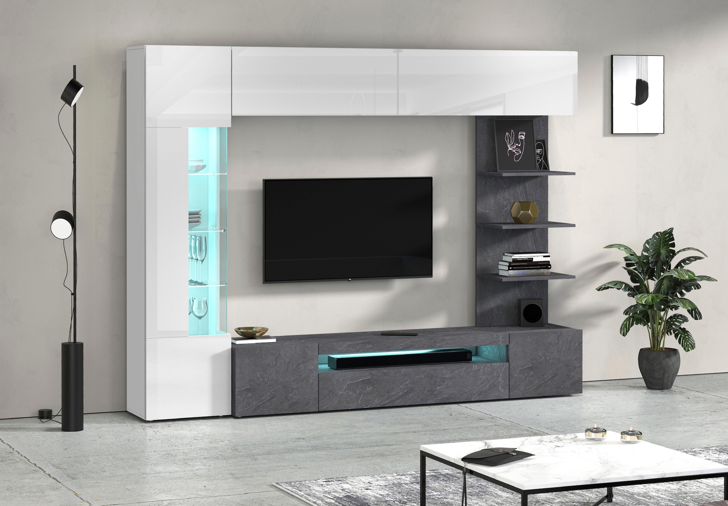 OTTO home Wohnwand »Wohnwand New Egypt, Anbauwand, Medienwand, Wohnzimmerwand« Weiß in Hochglanz, alle anderen Farben in matter Ausführung., 4 Stk. tlg.