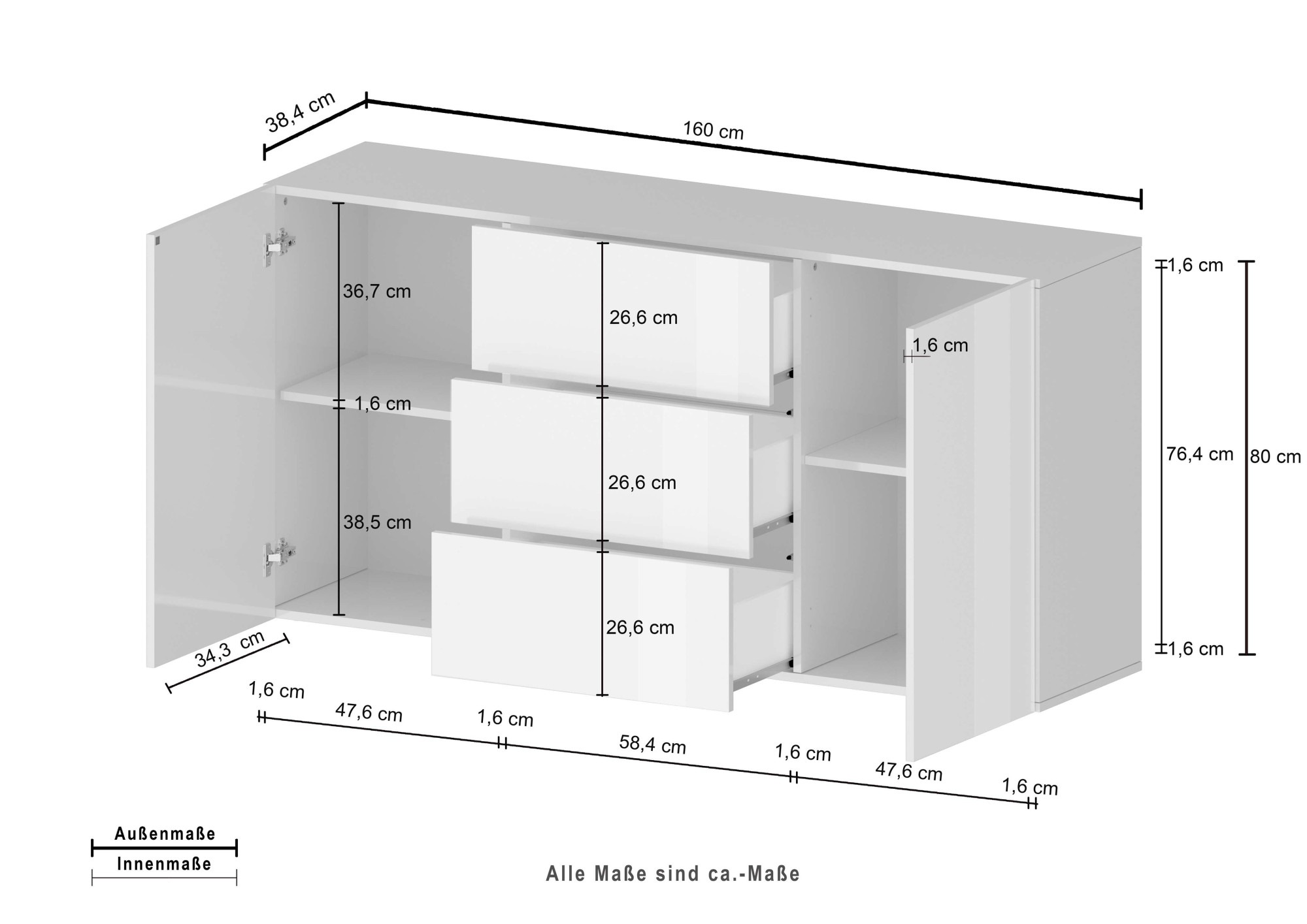 INOSIGN Sideboard »Egypt, Kommode, Schrank, Kredenz, grifflos«, 2 Türen, 3 Schubkästen, kompl. Hochglanz lackiert Breite 160
