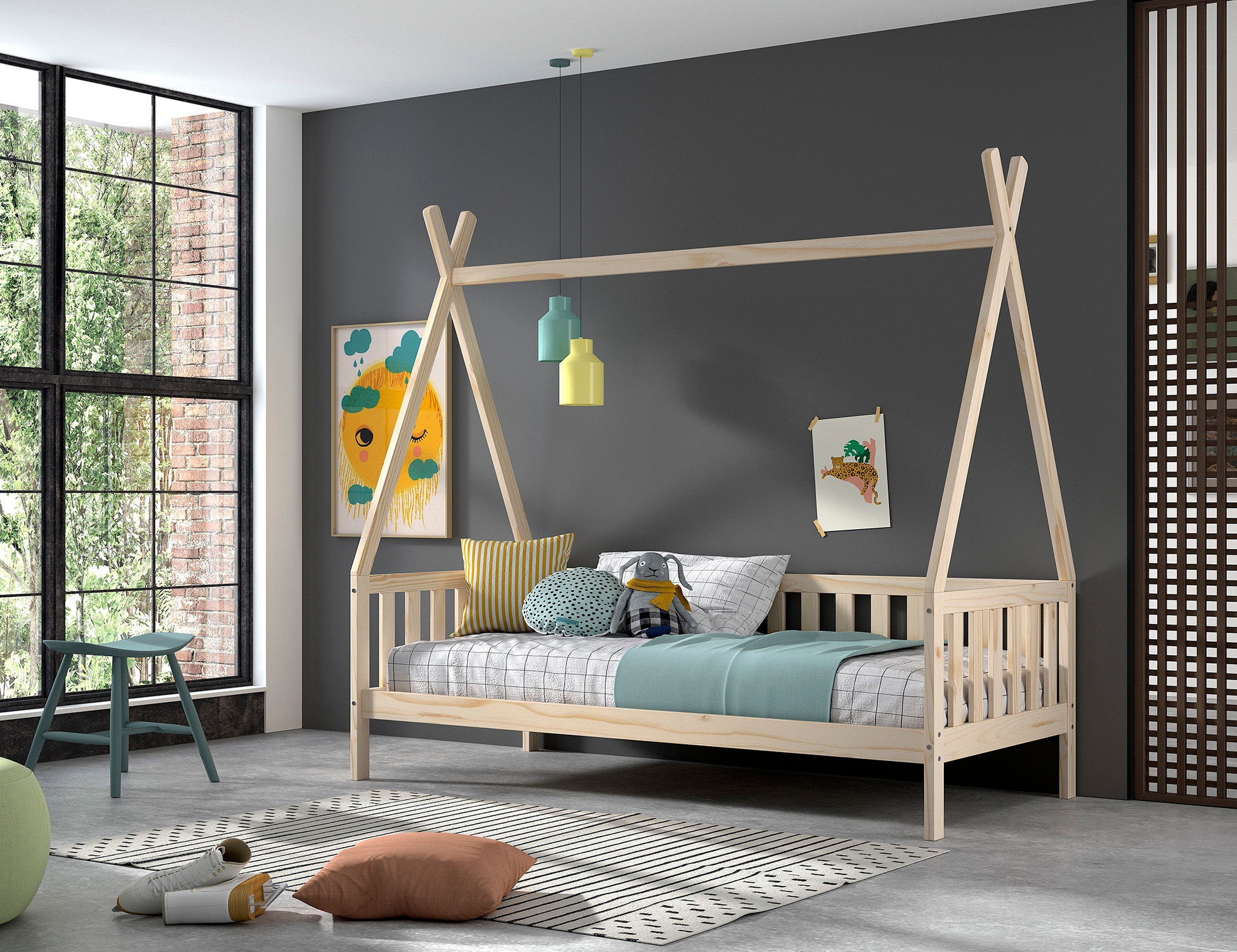 Vipack Massivholzbett »mit Tipi Dach, seitlich und hinten mit Sprossenumrandung« Liegefläche 90/200 cm inkl. Massivholz Rollattenrost,  Korpus aus massiver Kiefer, natur lackiert