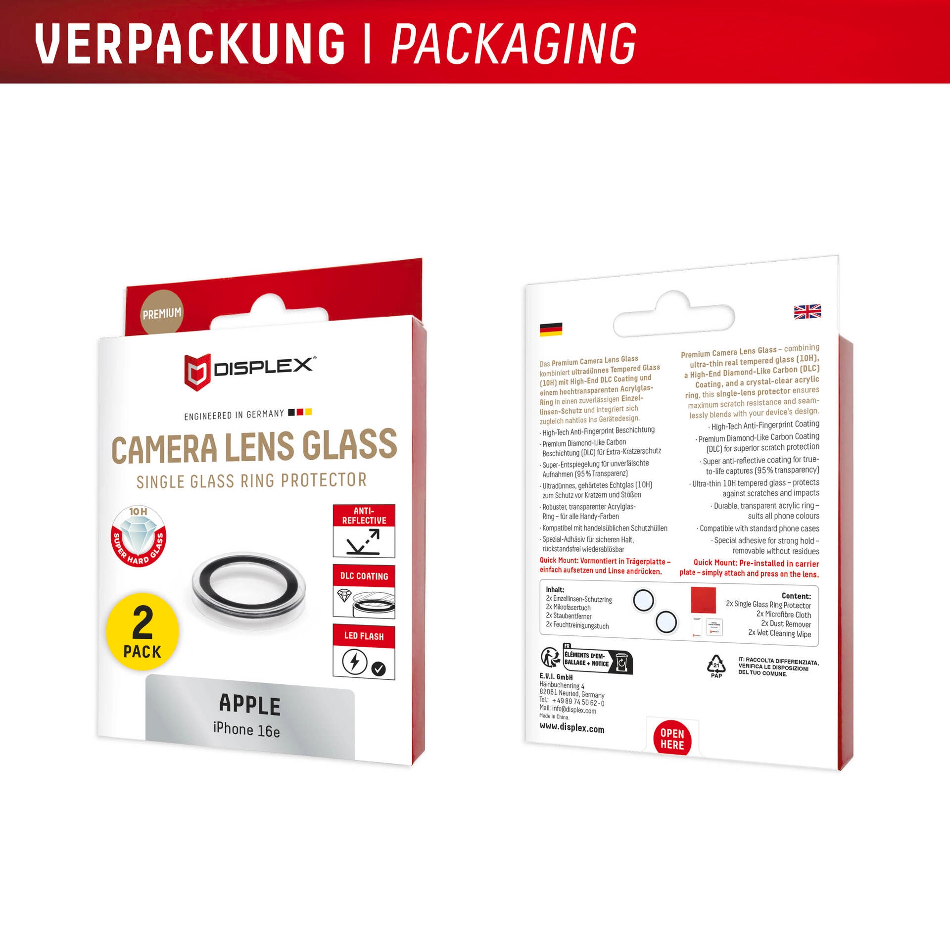 Displex Kameraschutzglas »Camera Lens Glass Single Glass Ring Protector« für Apple iPhone 16e Packung, 2x Einzellinsen-Schutzringe,  Objektivschutz, Kameraschutz, kratz- & stoßfest