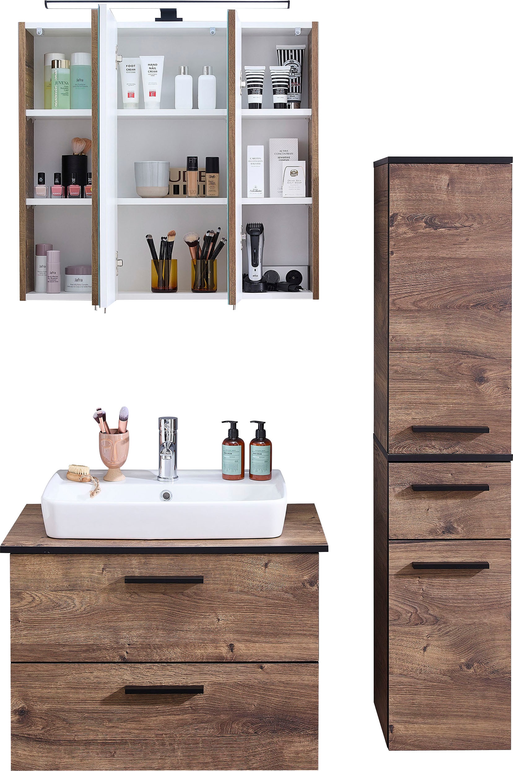 Saphir Badmöbel-Set »Quickset 374 3-teilig, Keramik-Aufsatzbecken und LED-Spiegelschrank«, (6 St.), Midischrank, inkl. Türdämpfer, 5 Türen, 3 Schubladen, Bad-Set