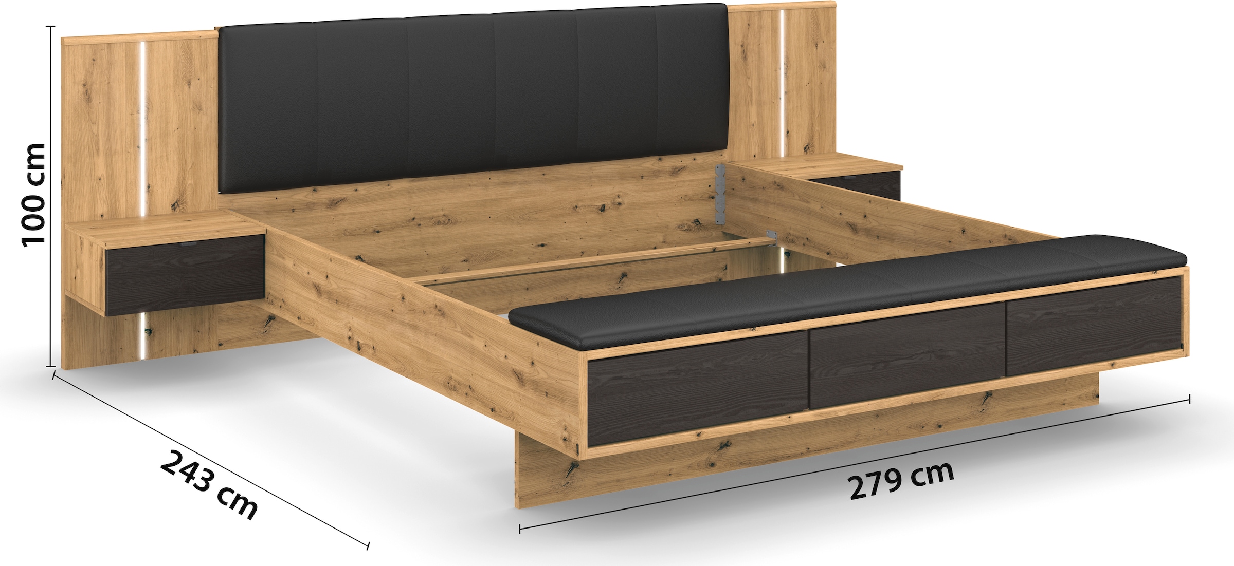 rauch Bettanlage »Bett Doppelbett Futonbett APOLLON«, (Set, 5 tlg., Bettbank mit 3 Schubladen Push-to-Open Funktion), 2 Hänge-Nachttische, Paneele mit Beleuchtung MADE IN GERMANY