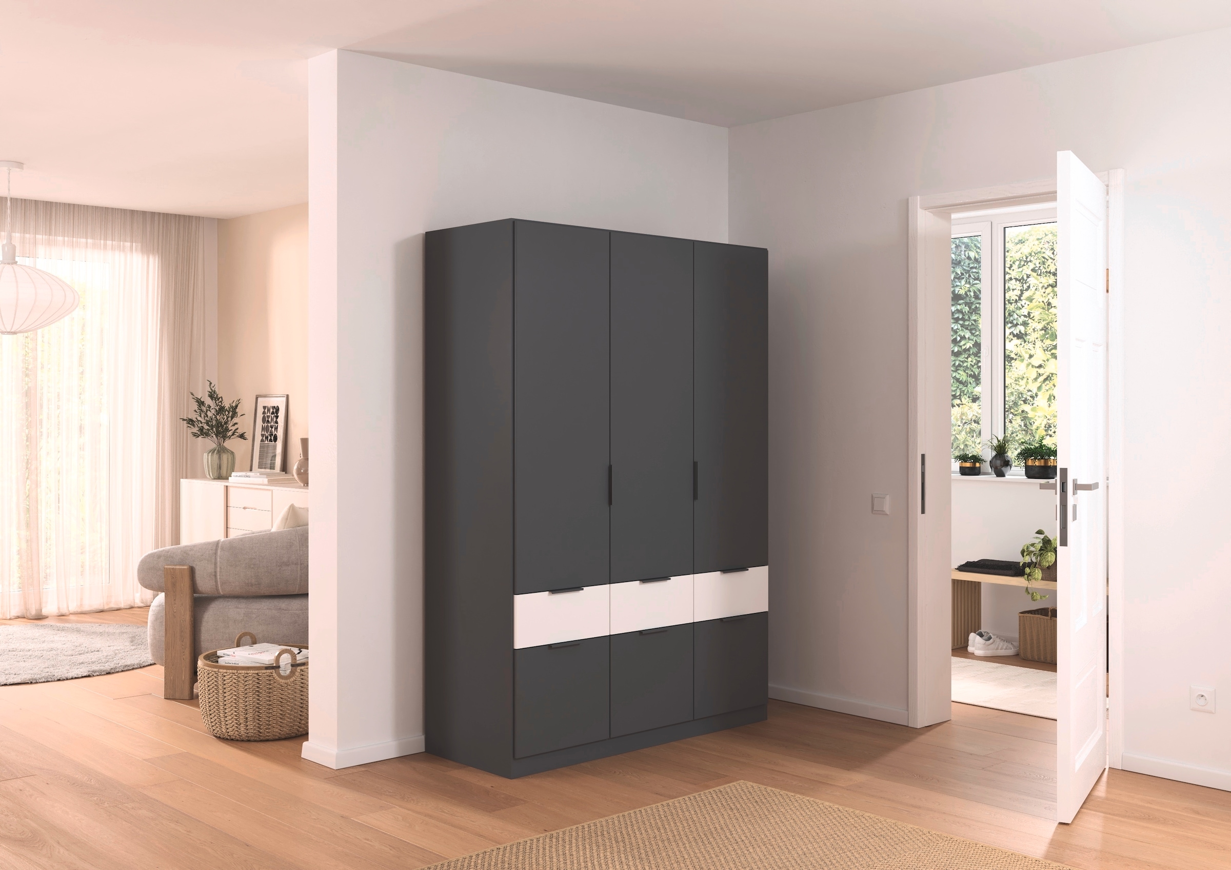 rauch Kleiderschrank »Kleiderschrank Schrank Garderobe Wäscheschrank DUNDEE«, (mit 3 Griff-Varianten), Schubladen in zwei Höhen, optional mit Spiegel MADE IN GERMANY
