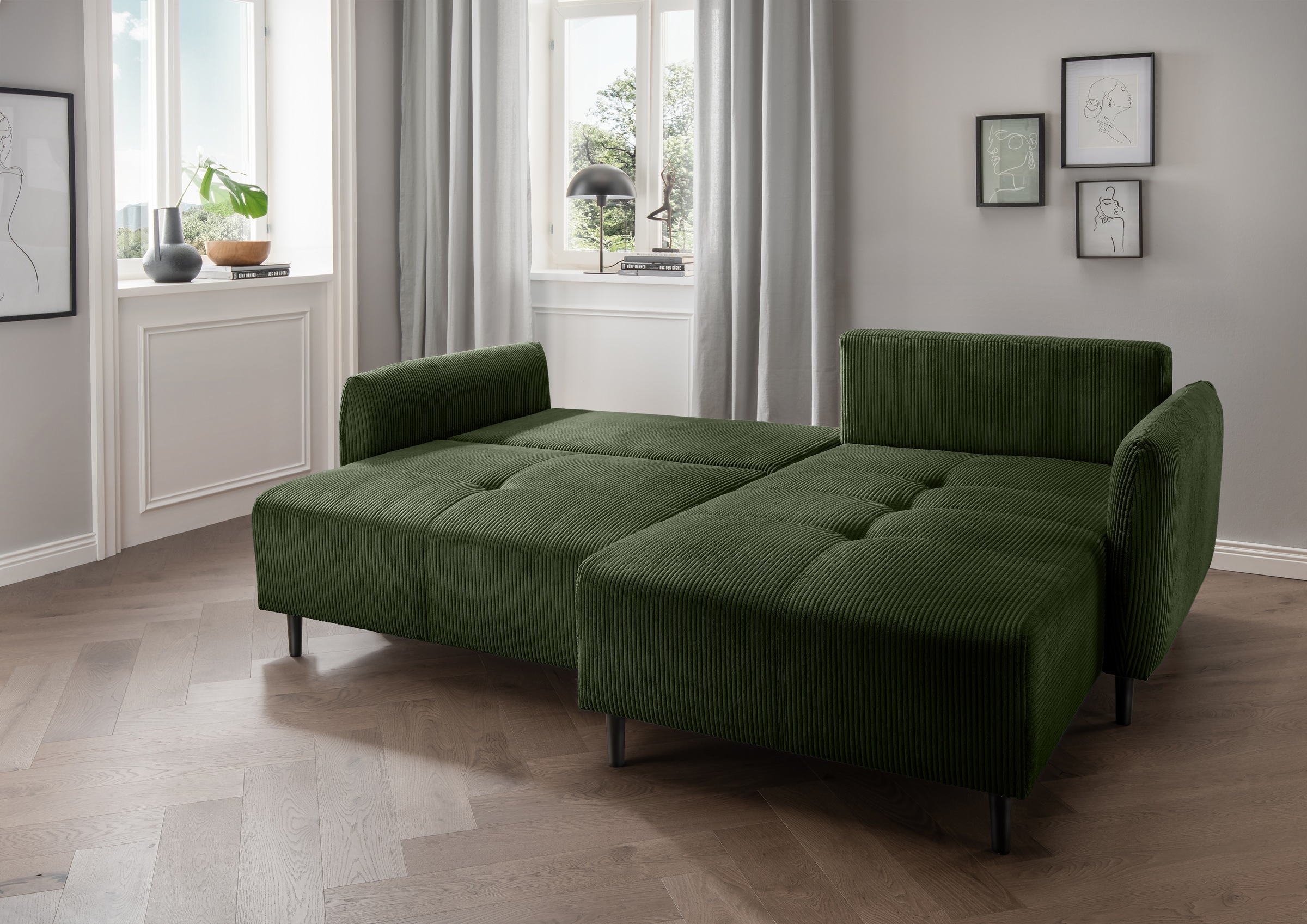 INOSIGN Ecksofa »Mara, L-Form, aktueller Cord Bezug und tolle Farben, schmale Armlehnen«, whlw. mit Bettfunktion,Recamiere links/rechts montierbar, Breite 238cm