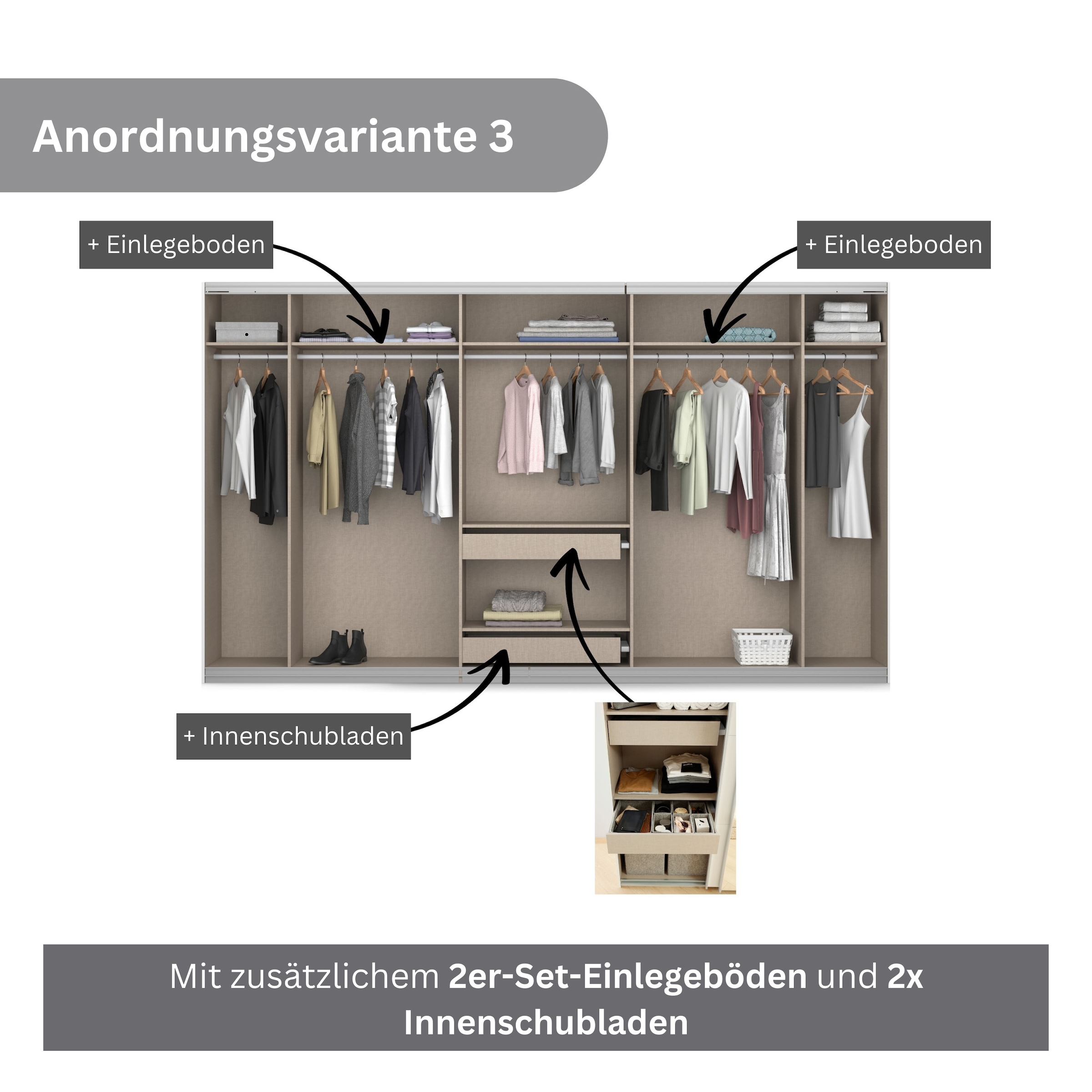 rauch Schwebetürenschrank »Kleiderschrank Schrank Garderobe KOLUNA mit Dekor-Front«, inkl. 2 Innenschubladen sowie extra Einlegeböden MADE IN GERMANY