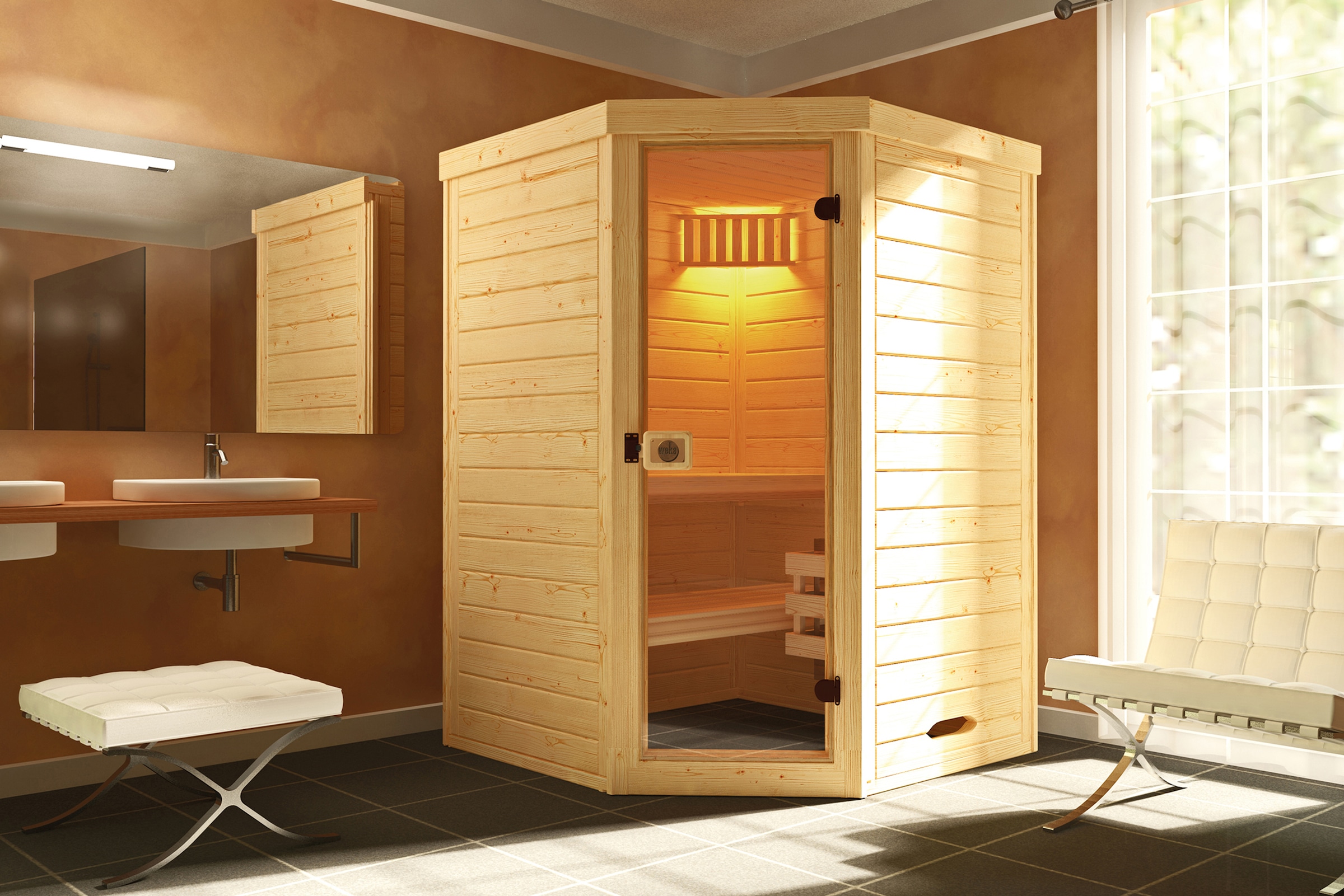 weka Sauna »Massivholz-Elementsauna LAUK« Blockbohlen,vorgefertigte Elemente, moderne Ganzglastür