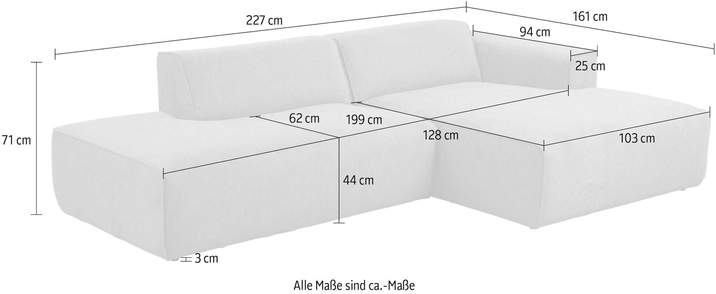 andas Ecksofa »Noord«, mit Kedernaht, Breite 227 cm, Cord, Struktur, Webstoff