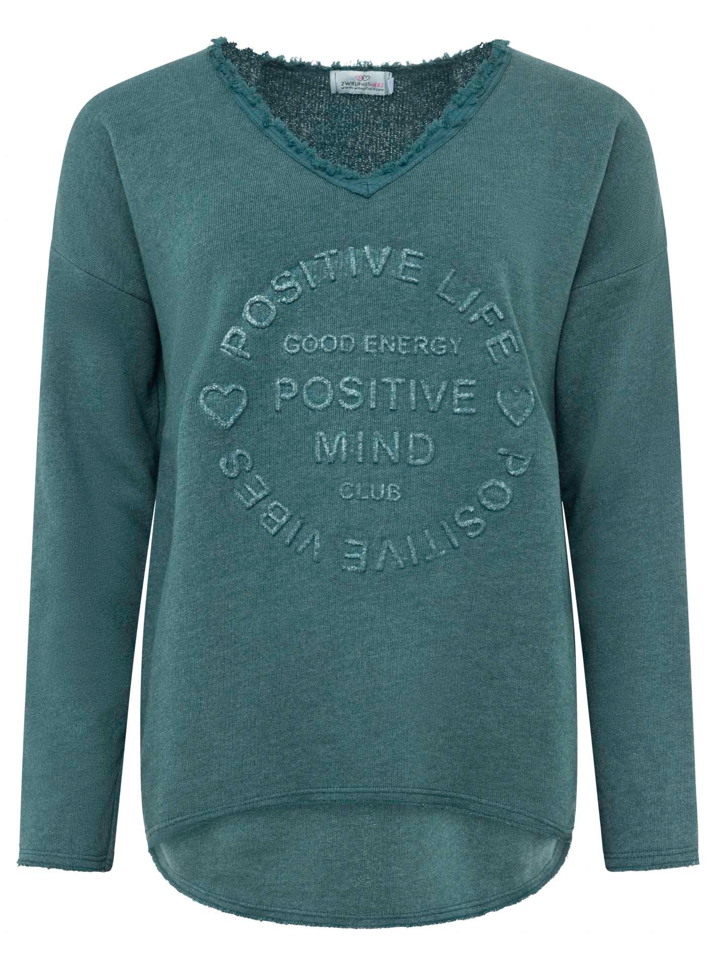 Zwillingsherz Sweatshirt »"Positive Mind"«, ausgefranster V-Ausschnitt, Used Look, Langarm, Schriftzug
