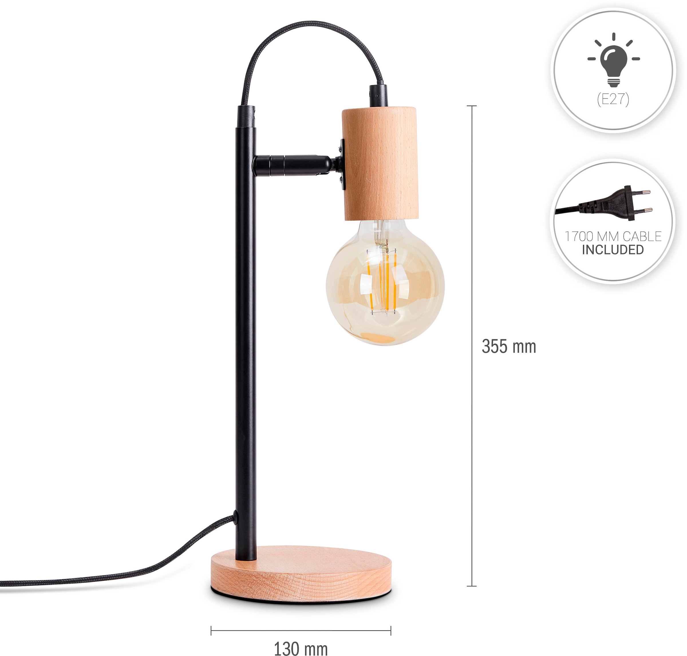Paco Home Tischleuchte »ACHIM«, Leuchtmittel E27 | ohne Leuchtmittel, LED  Wohnzimmer Schlafzimmer Modern Zeitlos Deko Holz E27