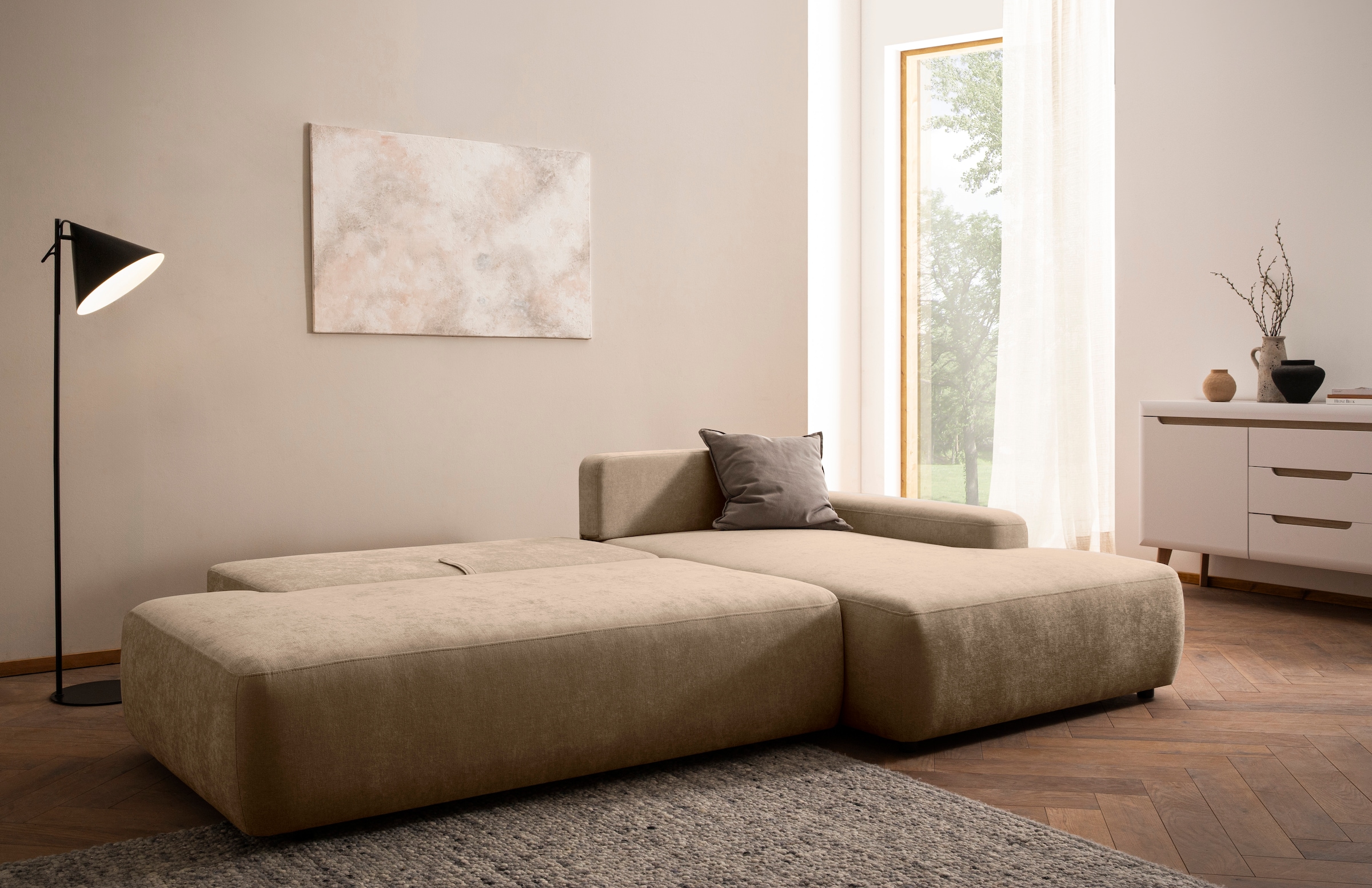 INOSIGN Ecksofa »TORGE, Schlafsofa Cord, Samtvelours u. Strukur fein, Couch in L-Form«, Schlaffunktion und Bettkasten, Liegefläche: 210x125 cm, neues Design