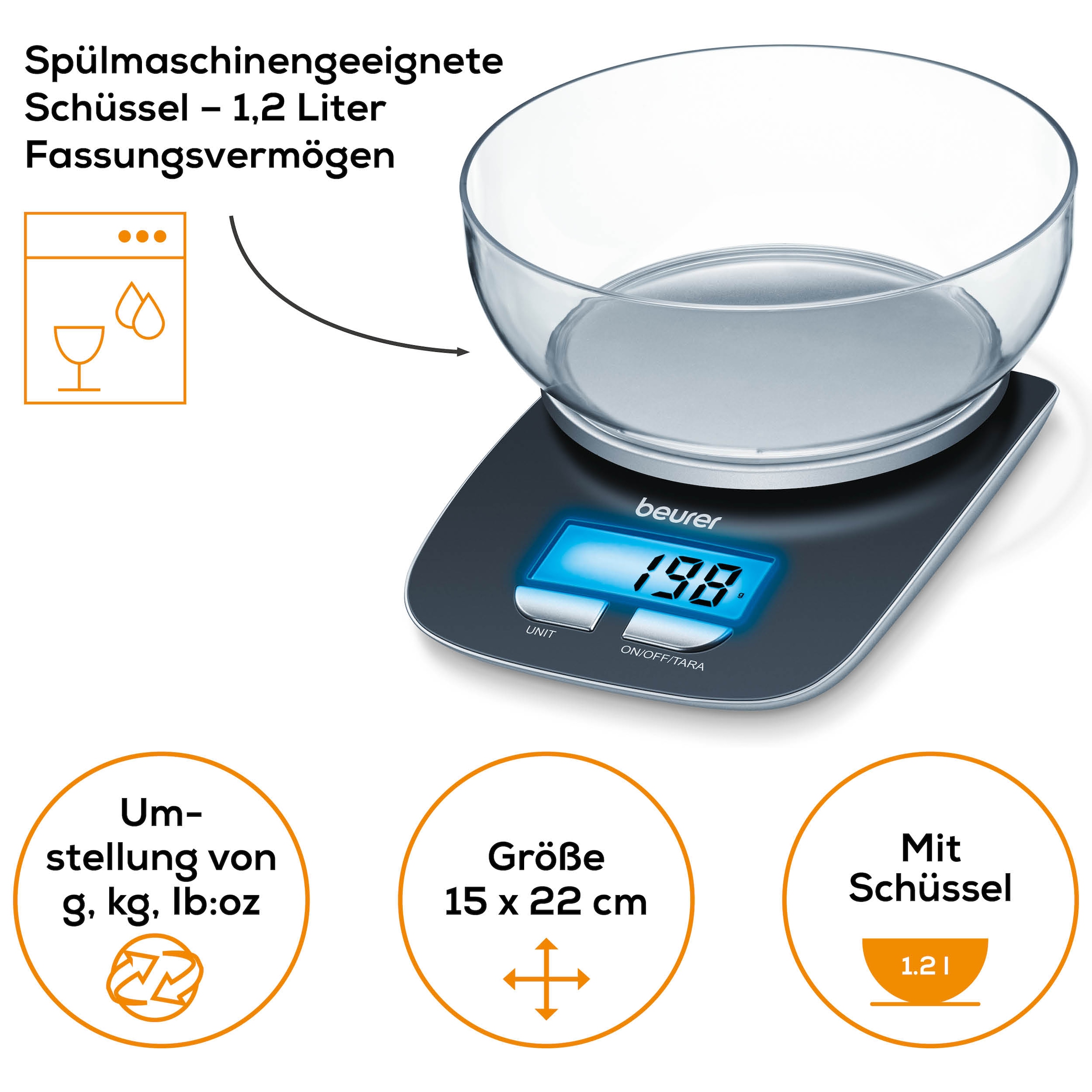BEURER Küchenwaage »KS 25 Haushaltswaage, mit praktischer Schüssel, Tara-Zuwiegefunktion« Koch- und Backwaage mit 3 kg Tragkraft und Schüssel mit 1,2l