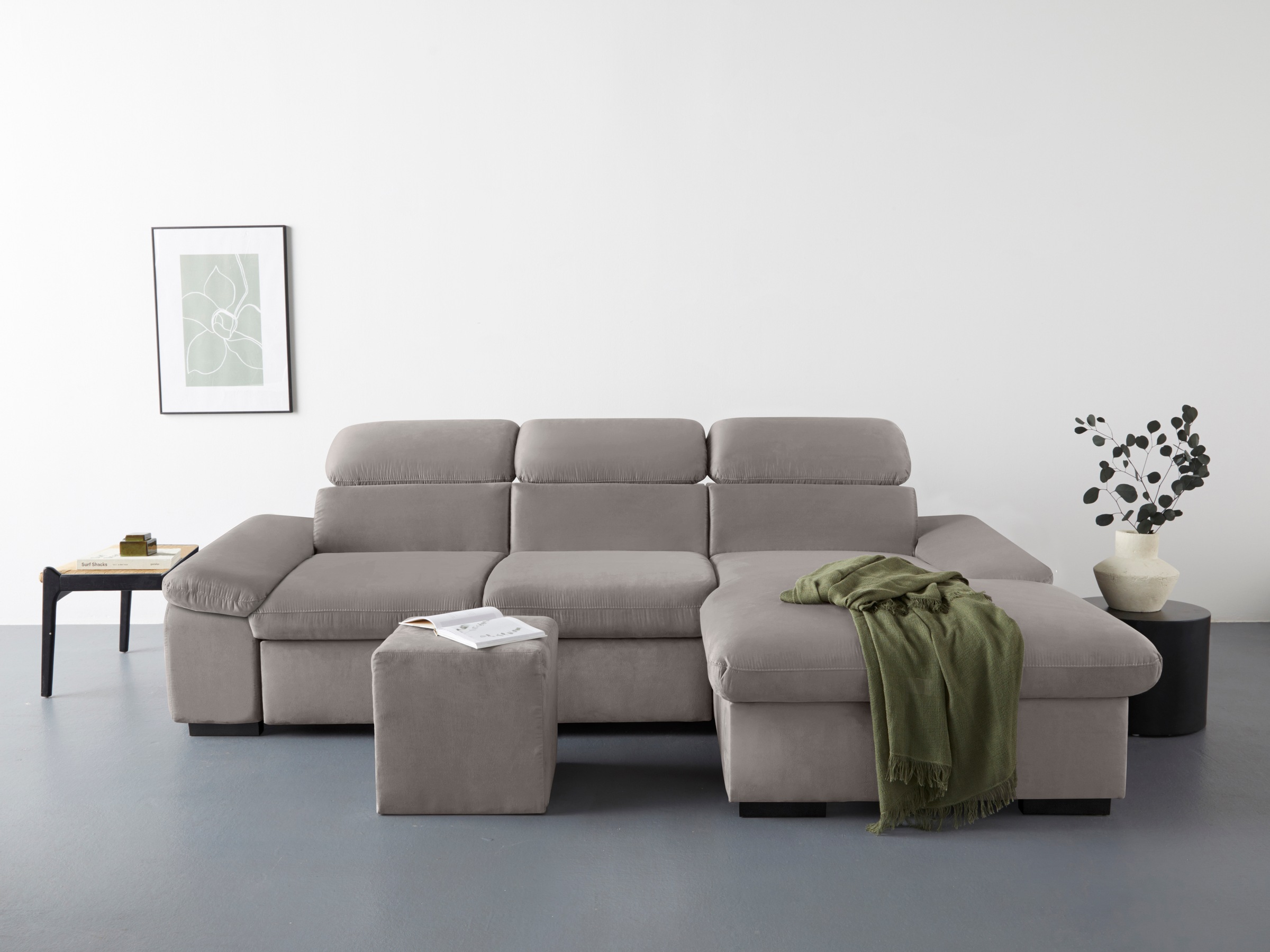 COTTA Ecksofa »Lola L-Form mit Kopfteilfunktion & Hocker«, (Set, mit Hocker), wahlweise mit Bettfunktion, Bettkasten & Armteilverstellung
