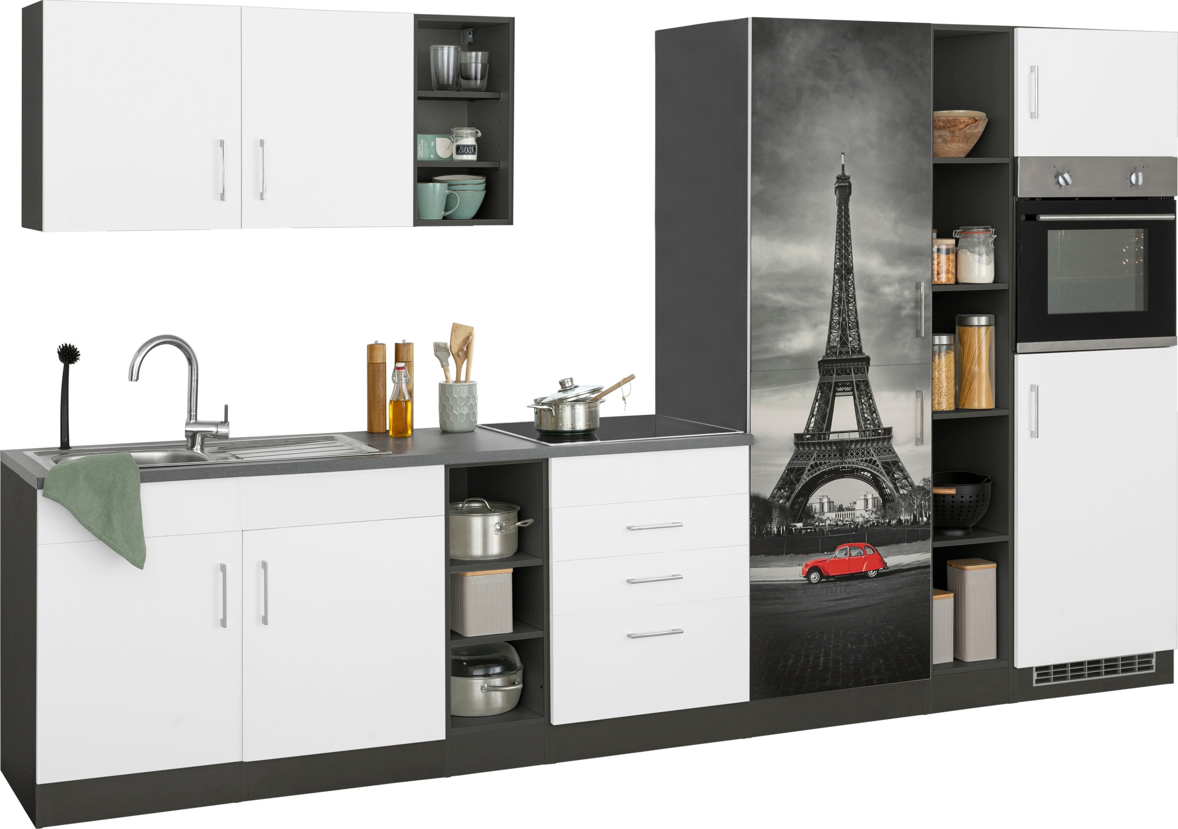 KOCHSTATION Küchenzeile »KS-Paris – Küchen mit einzigartigen Fotomotiven auf den Fronten« Breite 340 cm, wahlweise mit E-Geräten und Induktion