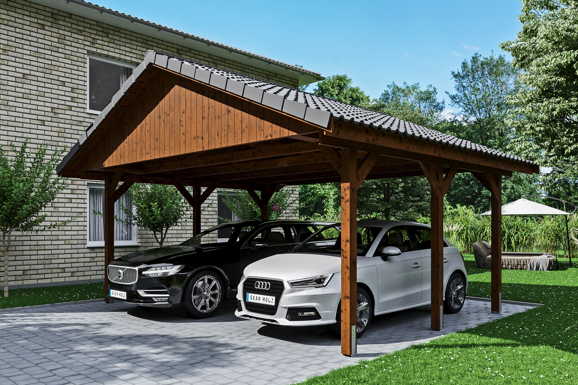 Skanholz Doppelcarport »Wallgau«, 530 cm, Nussbaum, mit Dachlattung