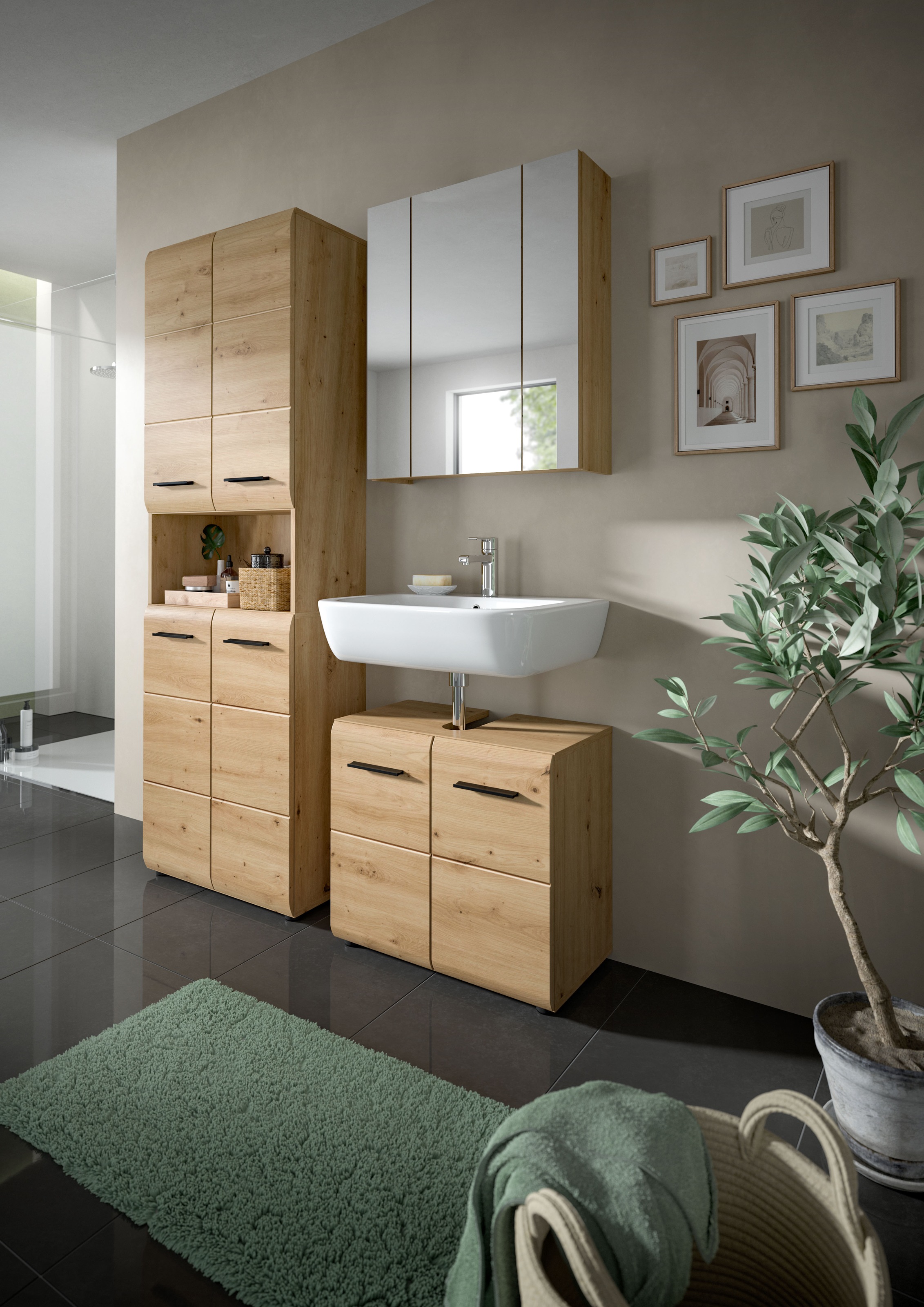 INOSIGN Badmöbel-Set »FLORENZ, TOPSELLER!, 3-teilige Badkombination, hochwertige MDF-Front«, (Set, 3 St., best. aus: 1 Hochschrank, 1Waschbeckenunterschrank, 1 Spiegelschrank), Bad-Kombination, Bad-Möbel, Badezimmer, Kombination, Kombi
