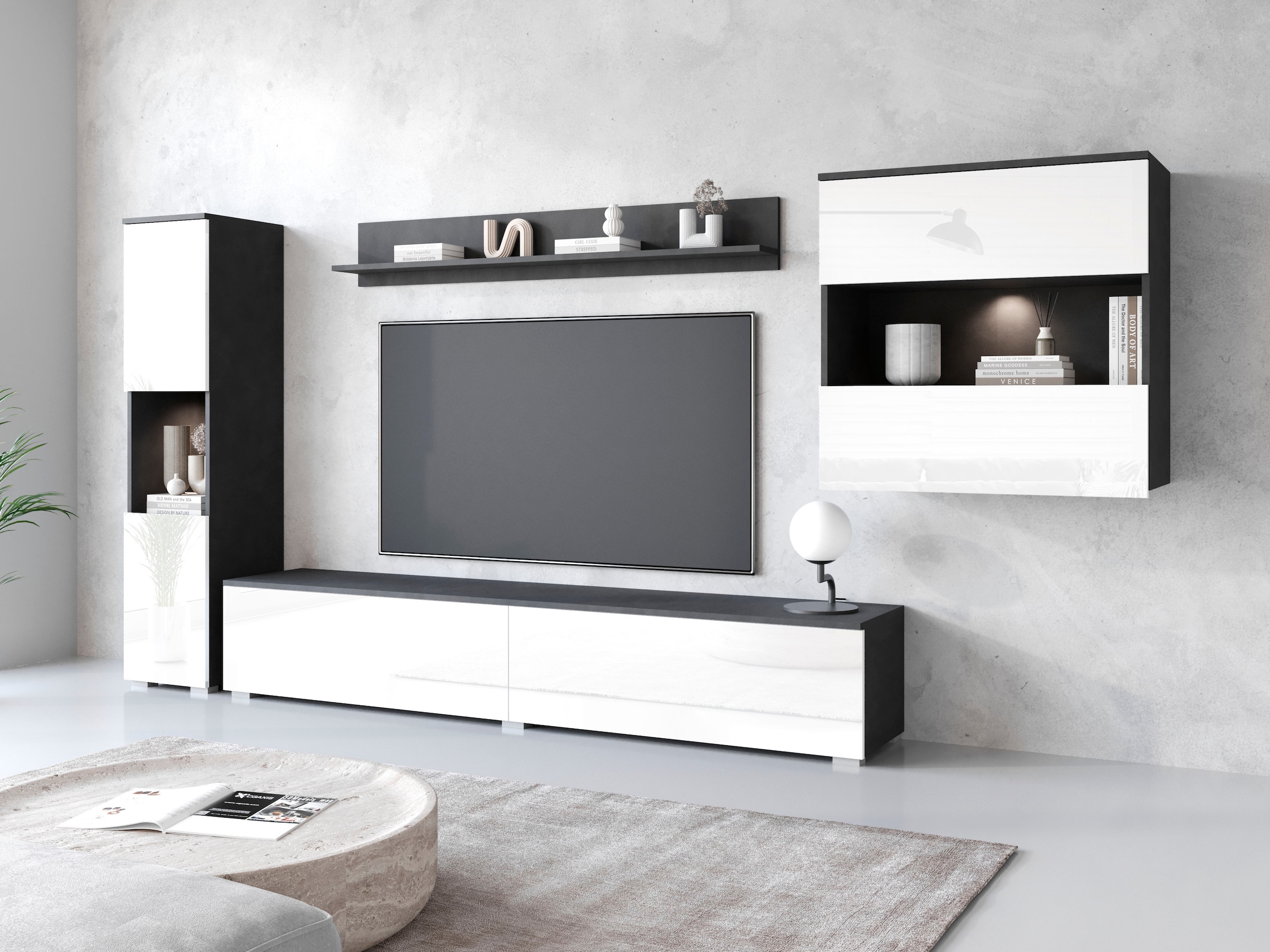 INOSIGN Wohnwand »PARIS«, (Komplett-Set, 4 St.), TV-Wand 300cm breite, grifflose Design, stehend und hängend montierbar