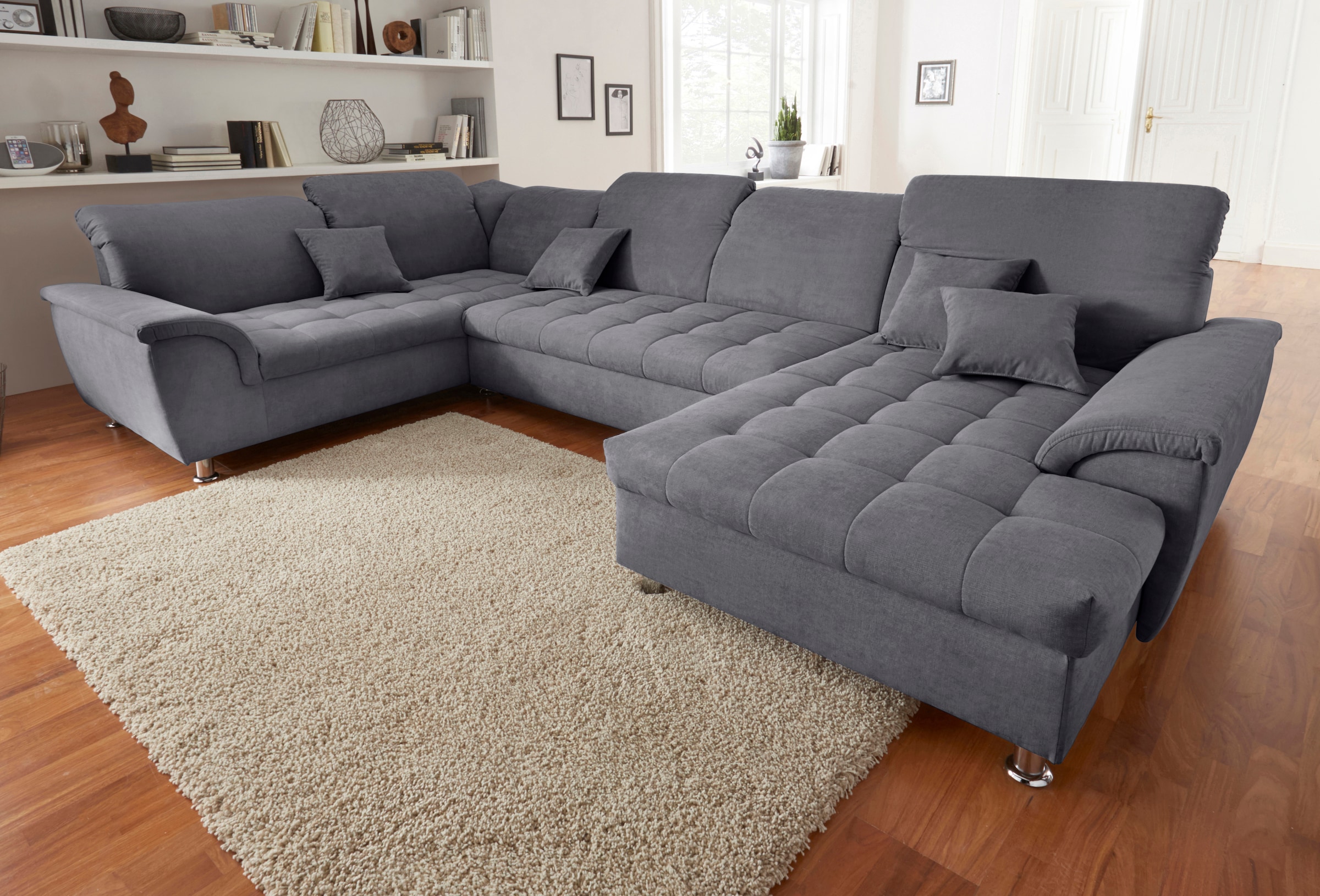 DOMO collection Wohnlandschaft »Franzi XXL-Format B/T: 352/214 cm, belastbar bis 140kg/ Sitz, U-Form«, Chenille, dunkelgrau