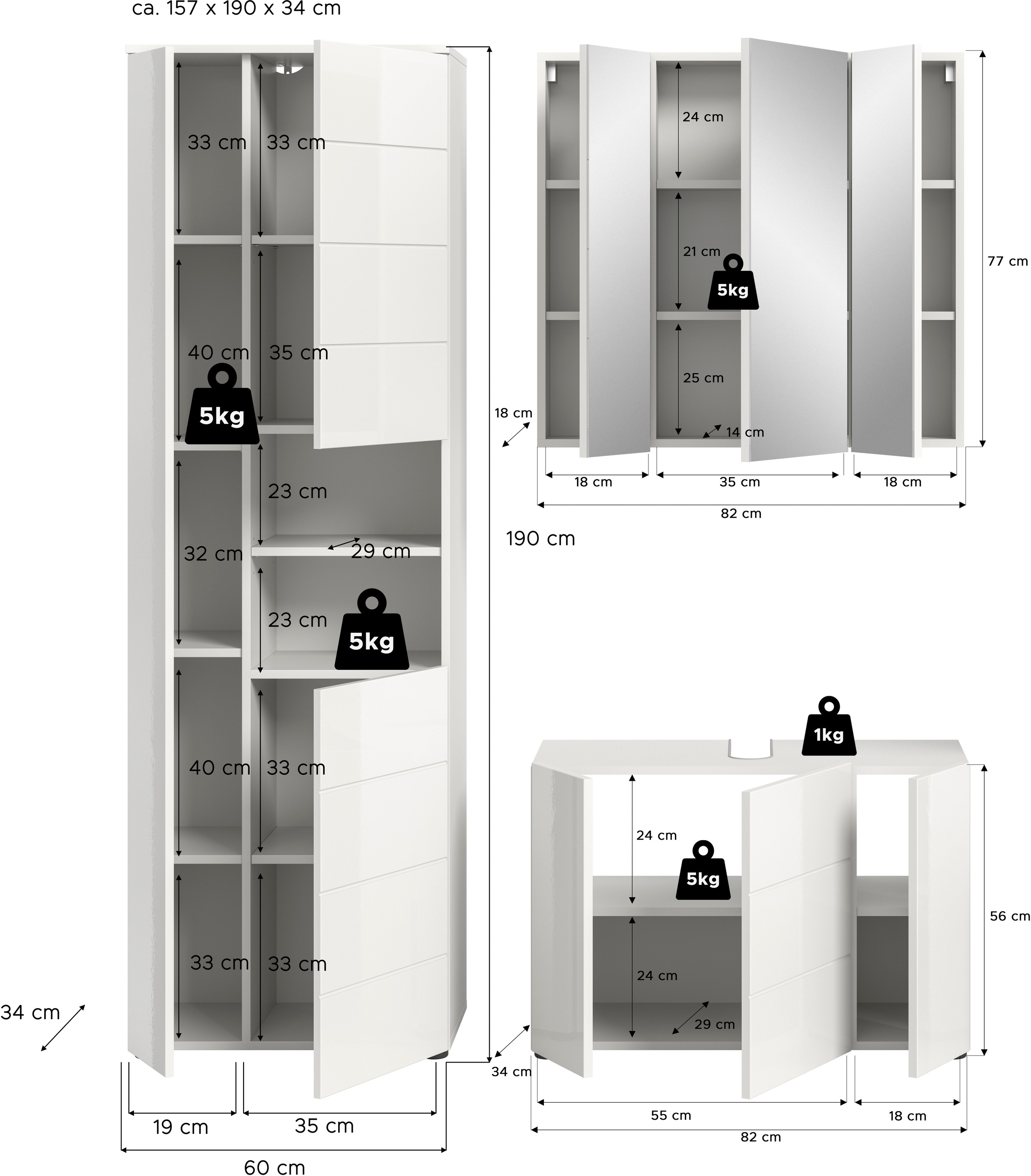 welltime Badmöbel-Set »Biel, Höhe 190 cm, Hochschrank, Unterschrank, Spiegelschrank«, (3 St.), Bad Set, modernes Design, Hochschrank, Unterschrank, Spiegel