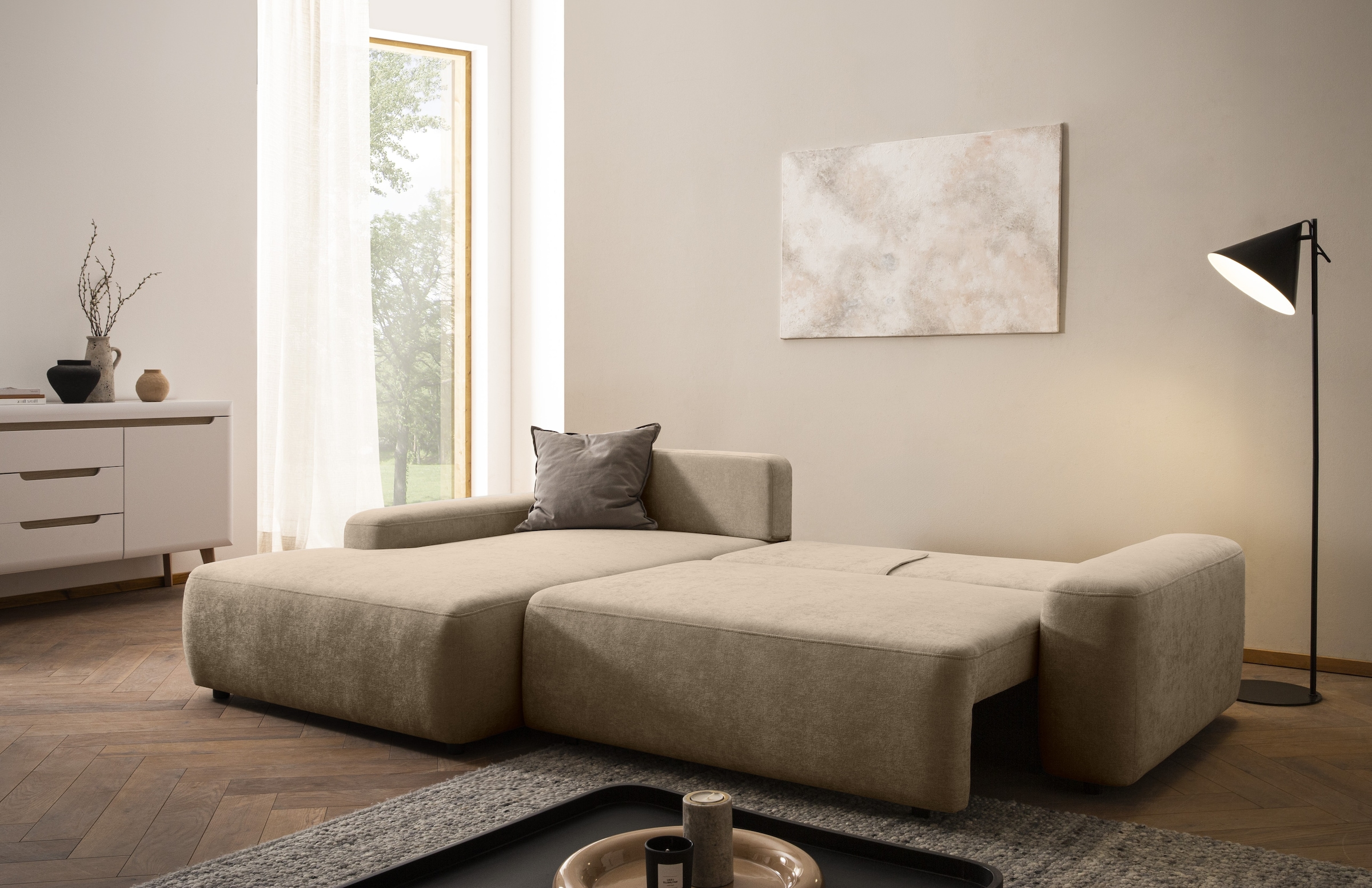 INOSIGN Ecksofa »TORGE (264cm), Schlafsofa in Cord, Samtvelours o Struktur fein, L-Form«, Schlaffunktion, Bettkasten, Liegefläche: 125/210 cm