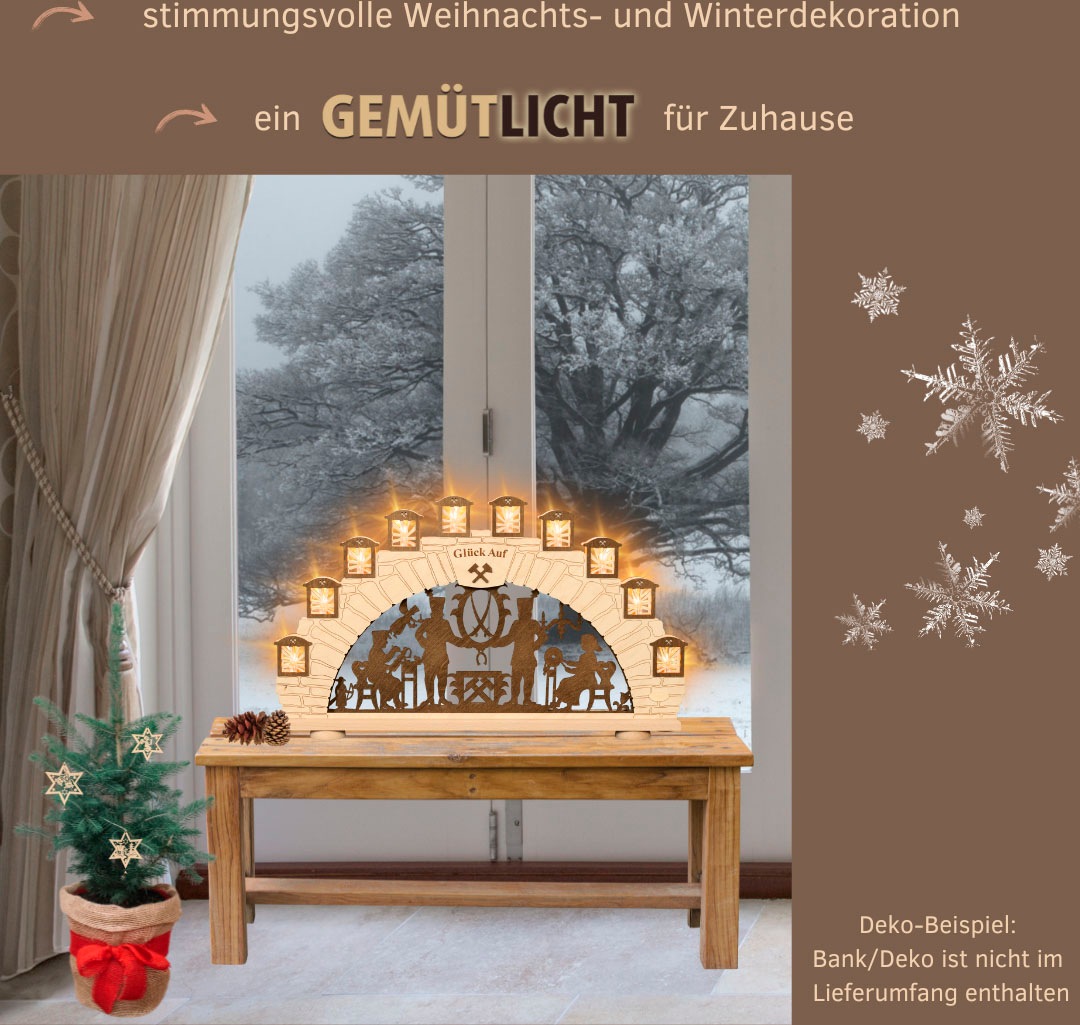 Weigla Schwibbogen »Erzgebirge, Motiv Bergmann, Lichterbogen aus Holz, NATUR-BRAUN,« 1 Stk. Erzgebirge garantiert, Weihnachtsdeko Innen, Weihnachtsbeleuchtung