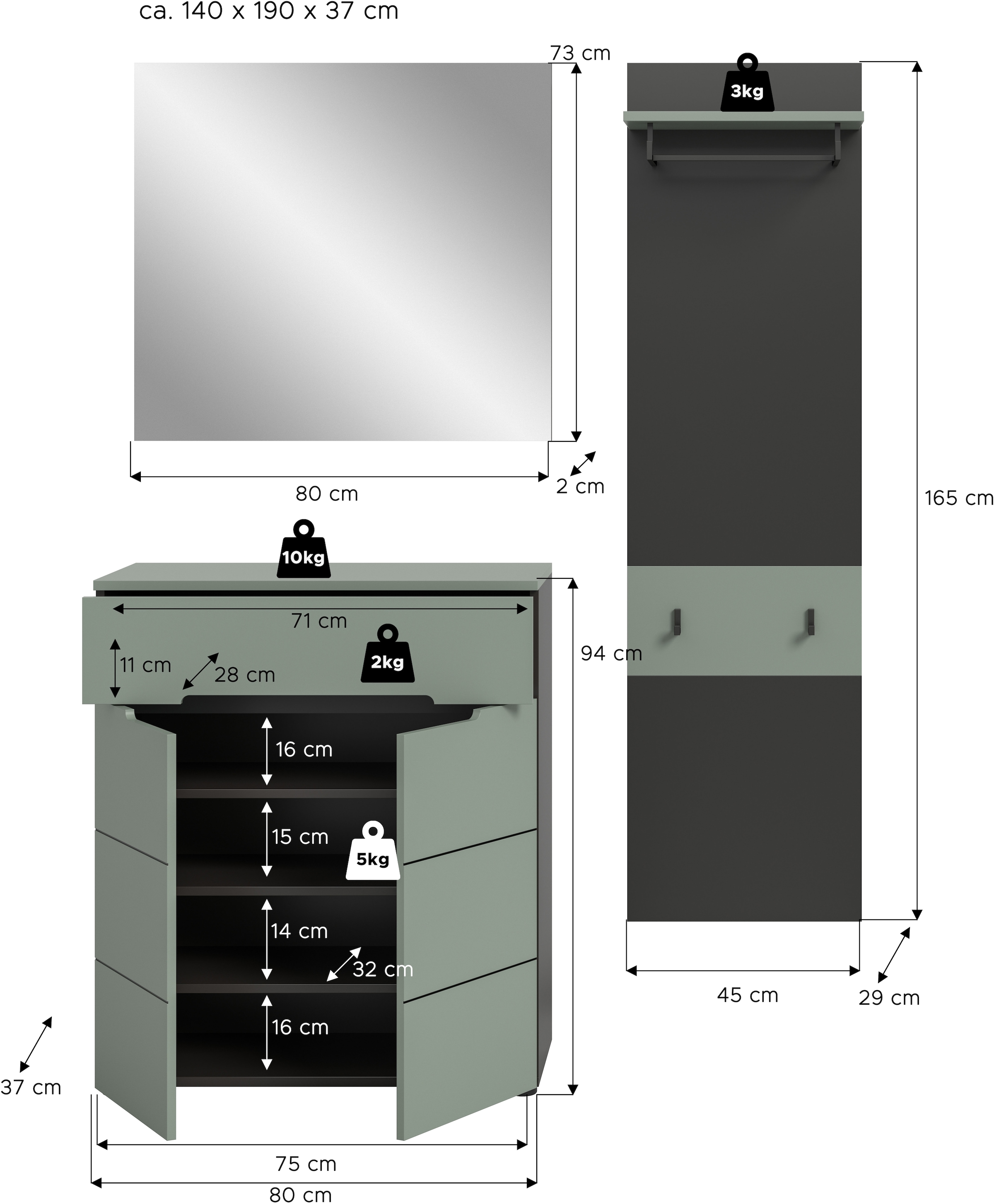 INOSIGN Garderoben-Set, (Set, 3 St., bestehend aus: Kommode, Spiegel und Garderobenpaneel), Garderobenkombination, Kombination, Set, Flurgarderobe, Diele