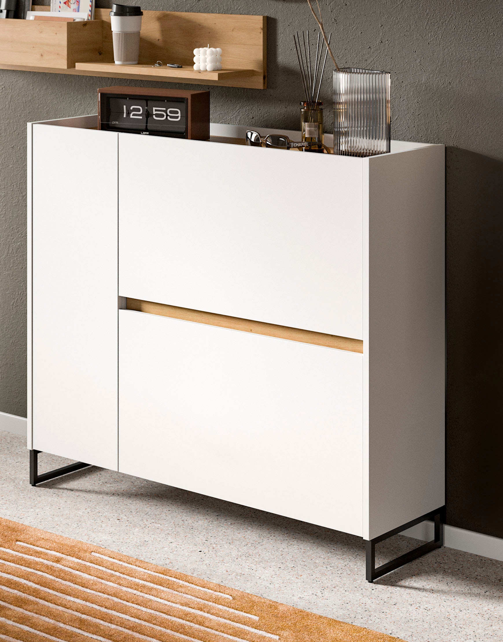 INOSIGN Schuhschrank »EVRID, Breite 110cm, 1 Tür, 2 Schuhwalzen, inkl. Metall-Kufenfüße« individuell mit anderen Artikel der Serie EVRID erweiterbar, 1 Stk. tlg. Schuhkommode, Kommode, Sideboard, Garderobenschrank, Flurkommode