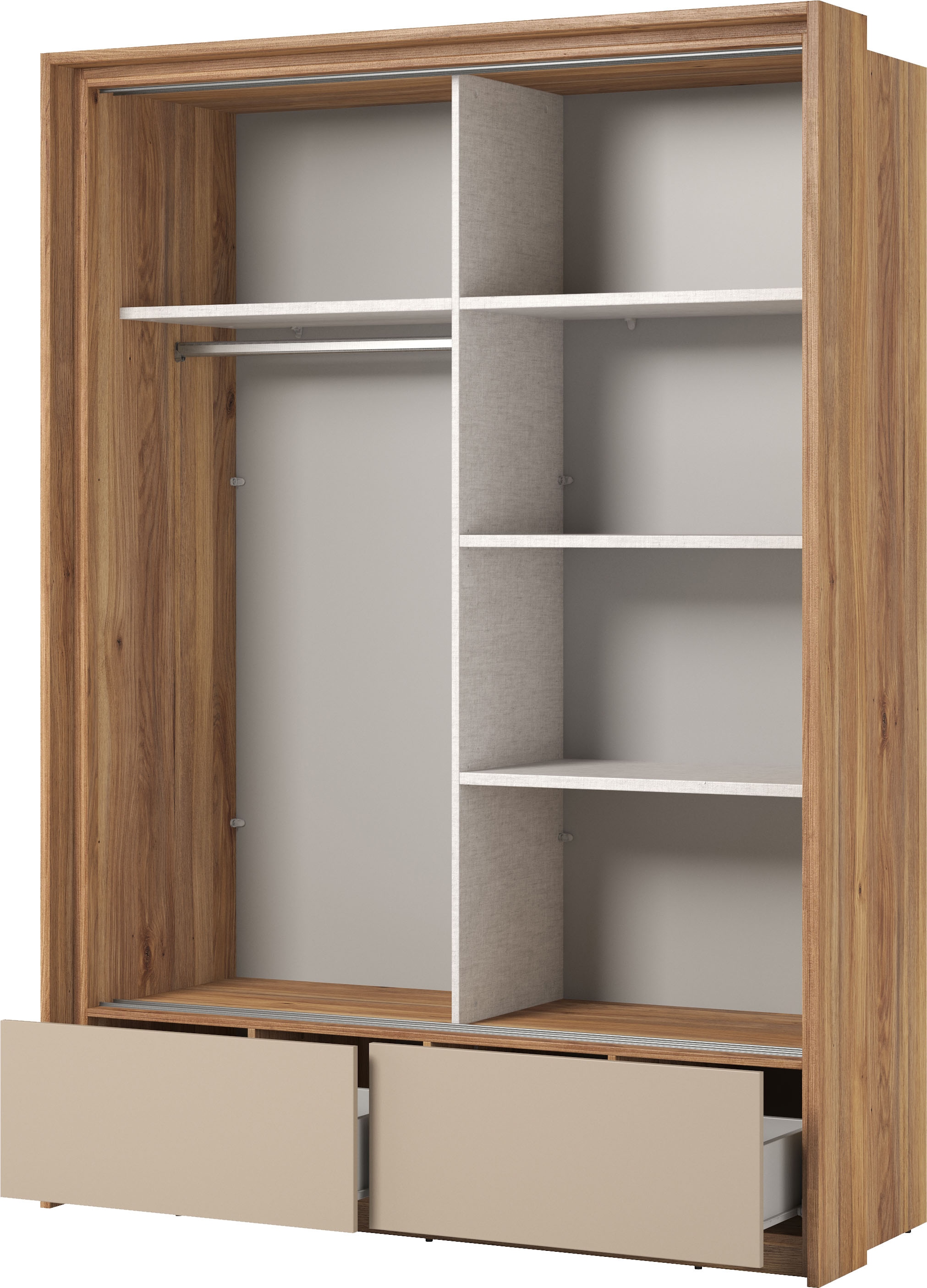 INOSIGN Schwebetürenschrank »Wharton, Breite 159 oder 209 cm, Kleiderschrank incl. Innenausstattung«, Wäscheschrank, 2 Schubkästen, 2 Spiegel, Metallgriffe, Garderobe