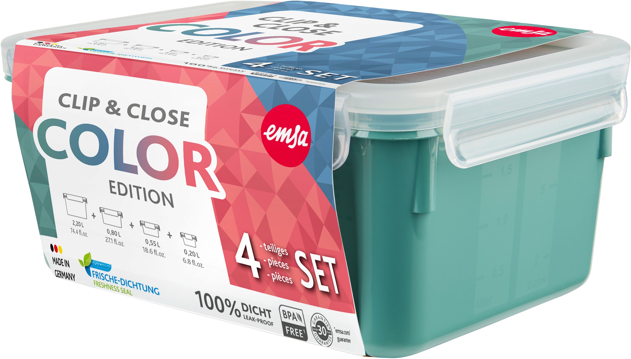 Emsa Frischhaltedose »Clip & Close Color Edition«, (Set, 4 tlg.), 0,2/0,55/0,8/2,2L, Kunststoff, auslaufsicher, hygienisch, innovativ