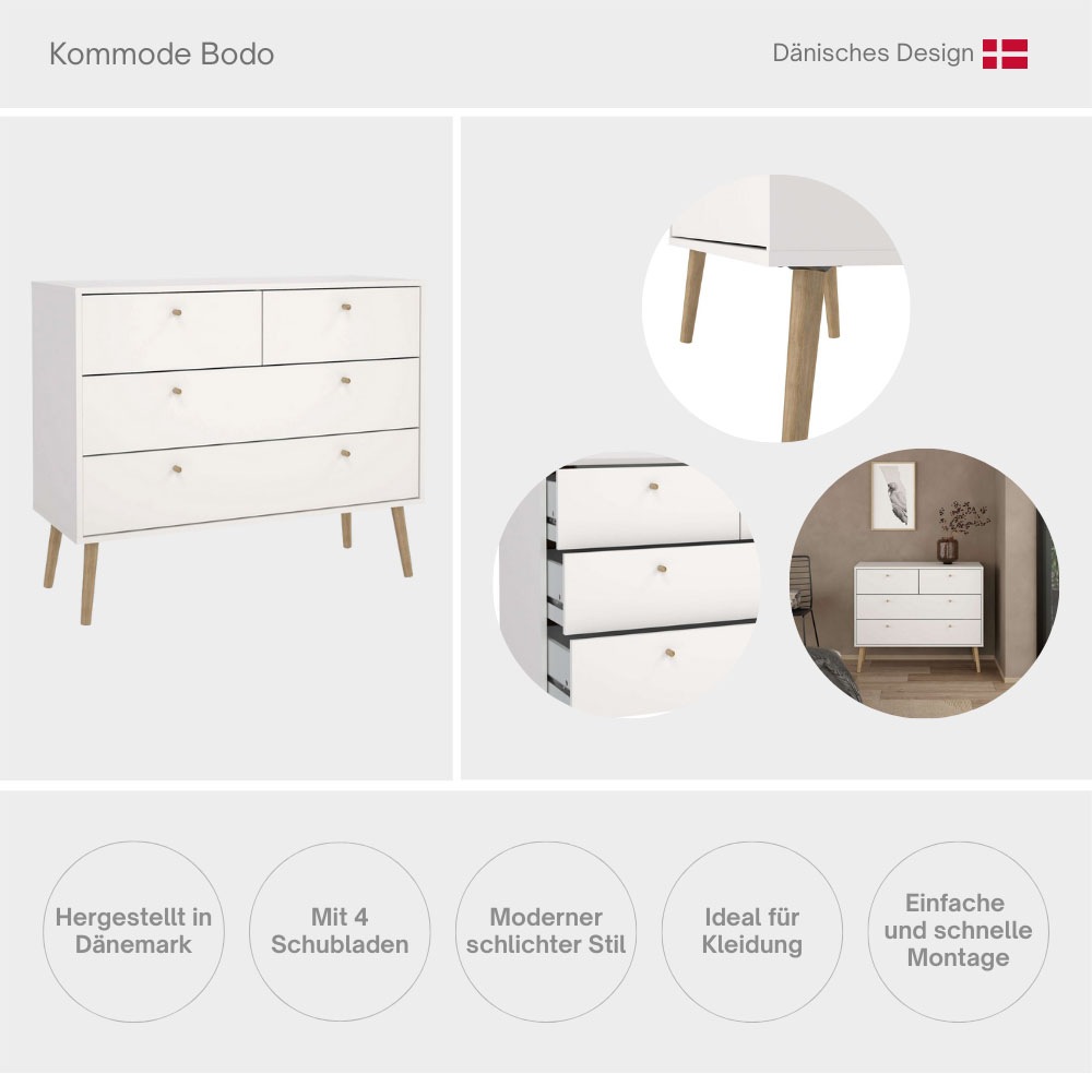 andas Kommode »Bodo, Aufbewahrung, Schubladenschrank, Stauraum, modern, Breite 99 cm«, 4 Schubladen, Weiß oder Schwarz, Beine und Griffe aus Echtholz